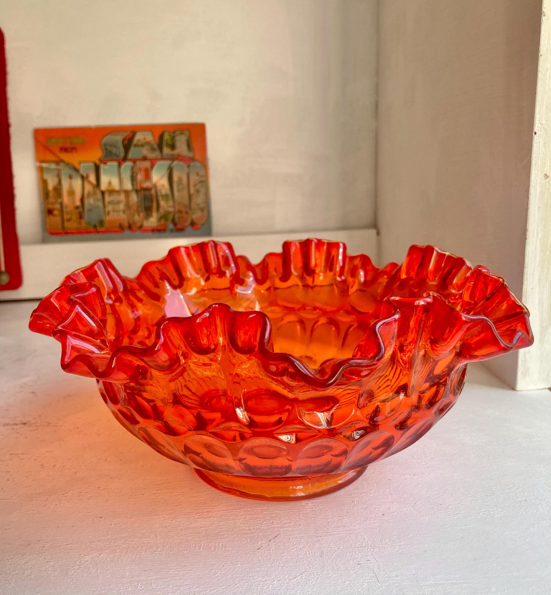 Vintage Fenton Amberina Glass Bowl: Red-Orange Ruffled Rim, UV Reactive