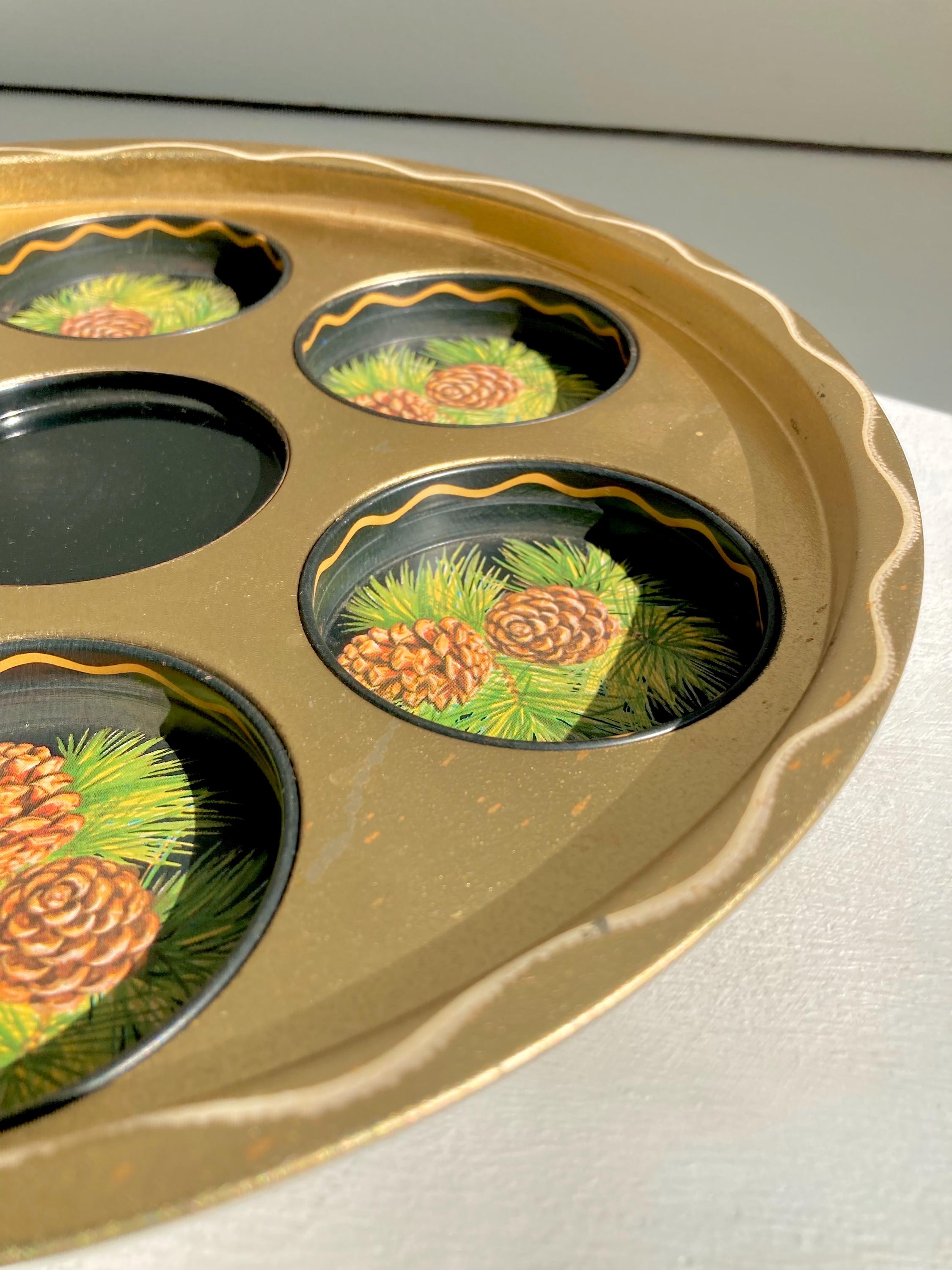 Vintage Kitsch Pinecone Drinks Tray: Painted Aluminum Cabin Decor