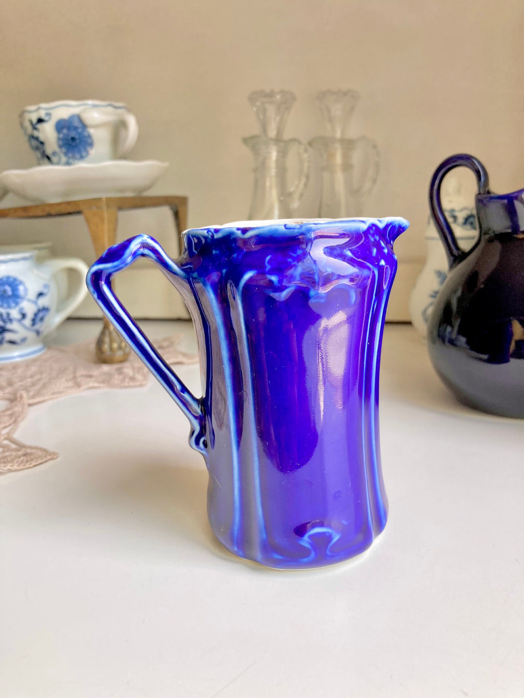 Antique Blue Ceramic Creamer Pitcher: Flow Blue or Cobalt, Choice