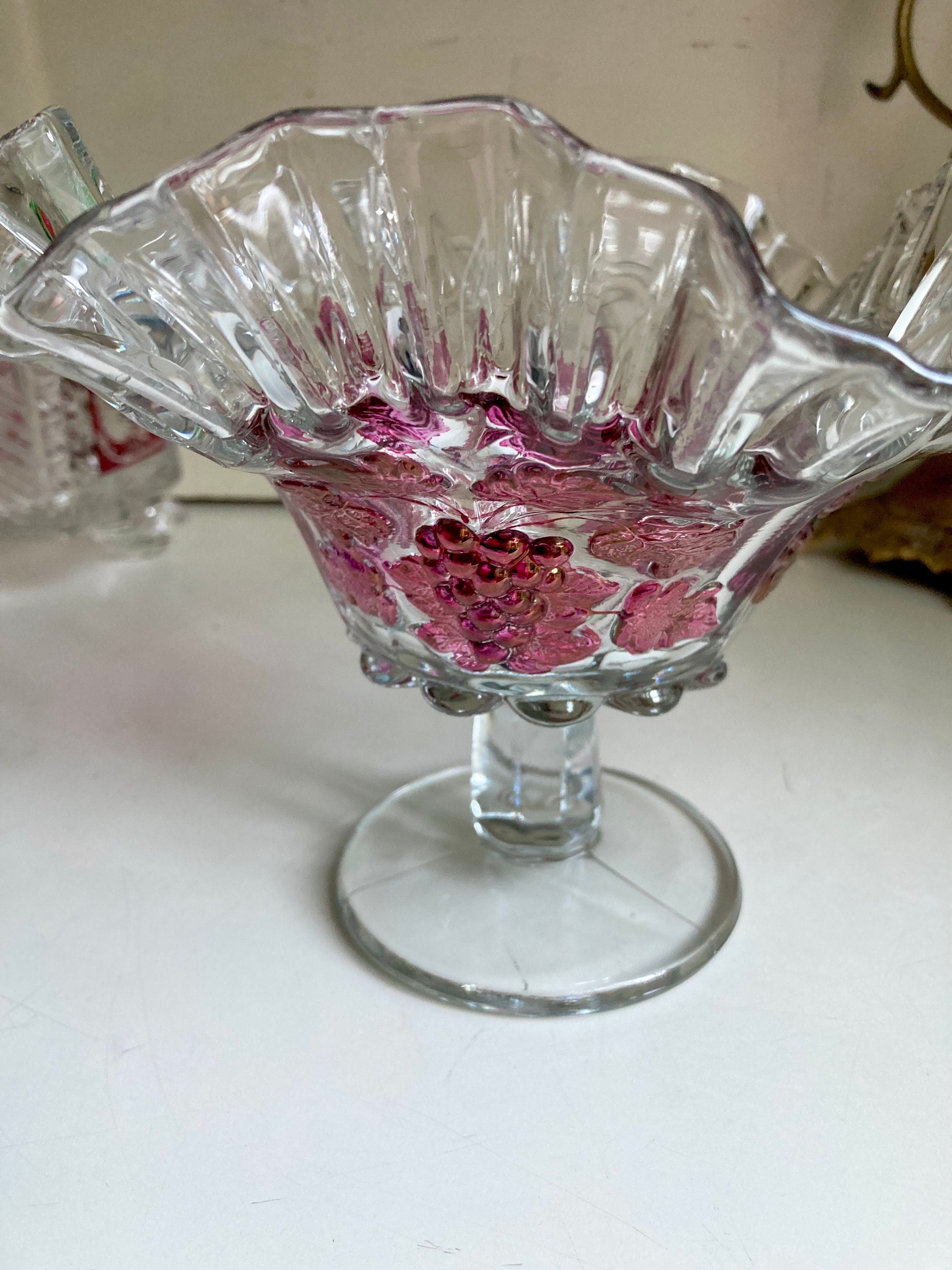 Vintage Westmoreland Crimped Edge Clear Glass Paneled Compote with Ruby Flashed Grapevines Pattern