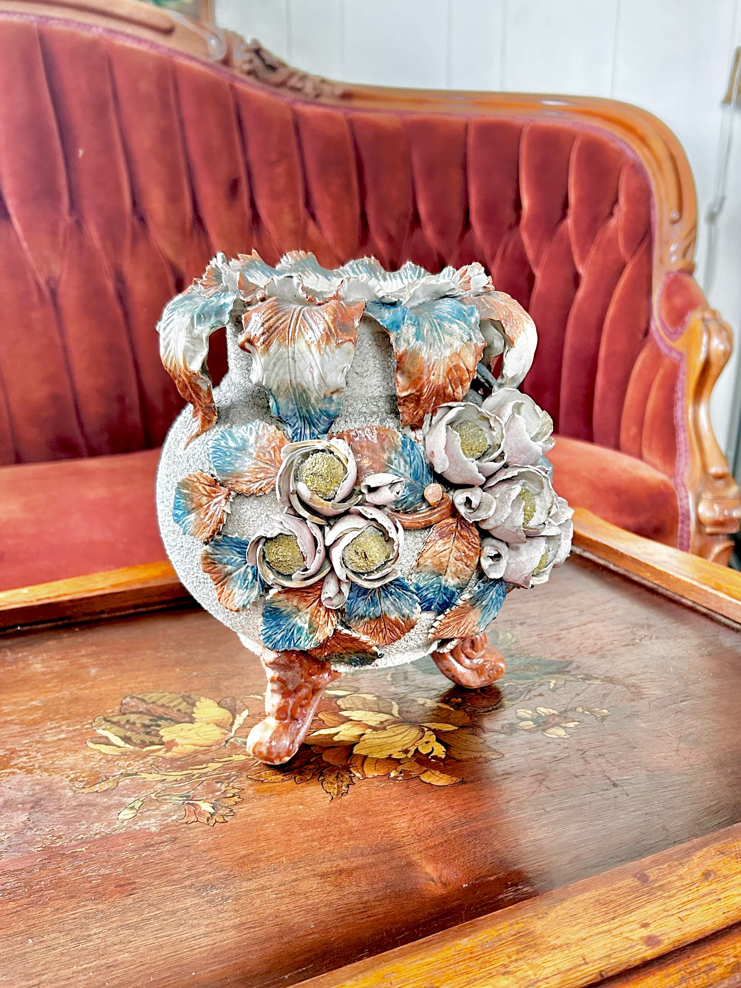 Antique English Barbotine Majolica Footed Vase