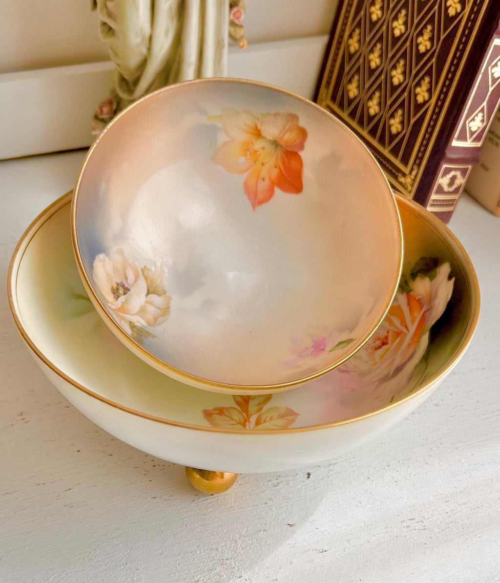 Antique Royal Rudolstadt Prussia Porcelain Bowls: Hand-Painted Rose Floral, Gilt Footed - Set of 2