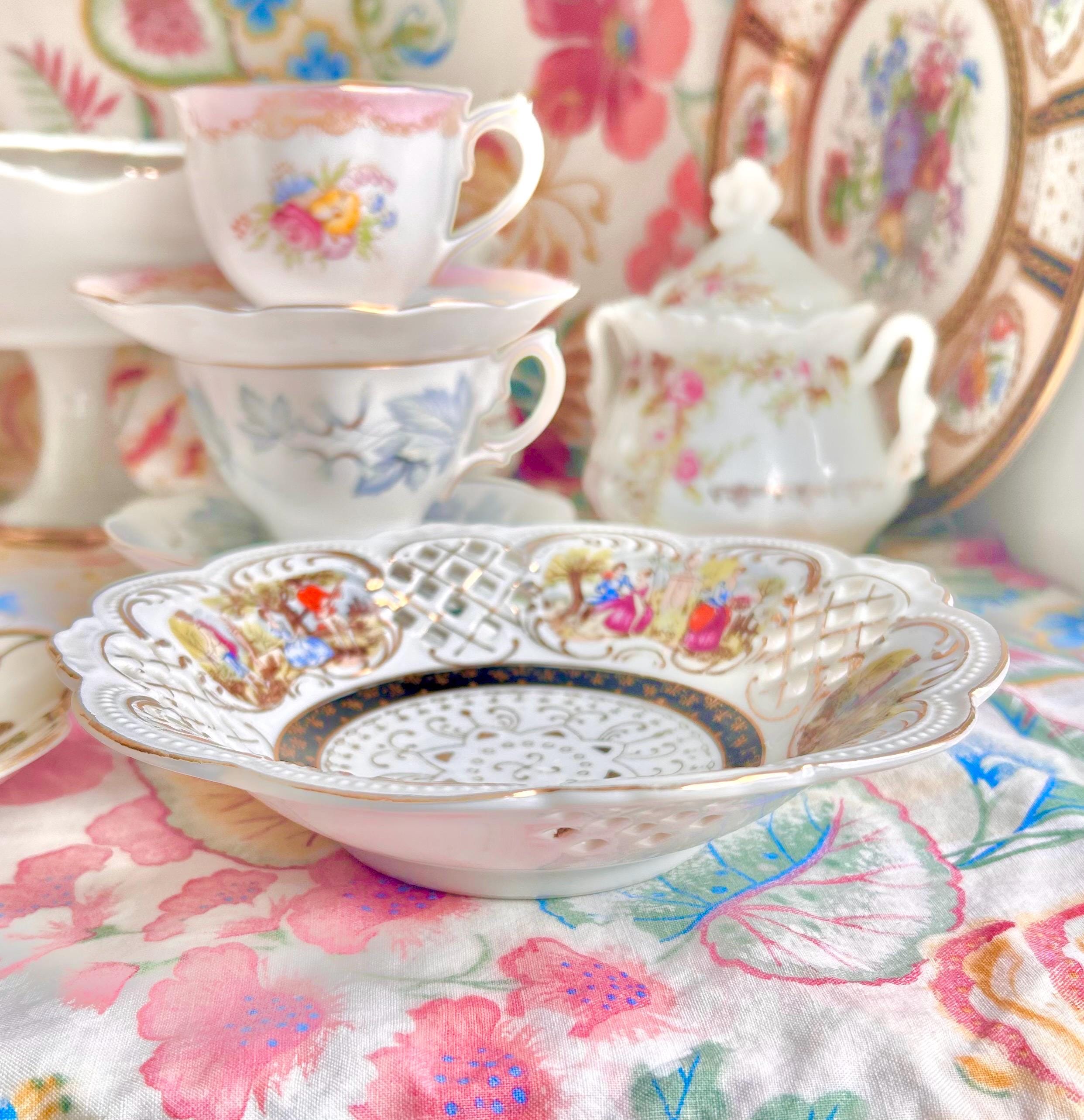 Vintage Perforated Bowl: Victorian Leisure Scenes, Gold Trim, Scalloped Rim
