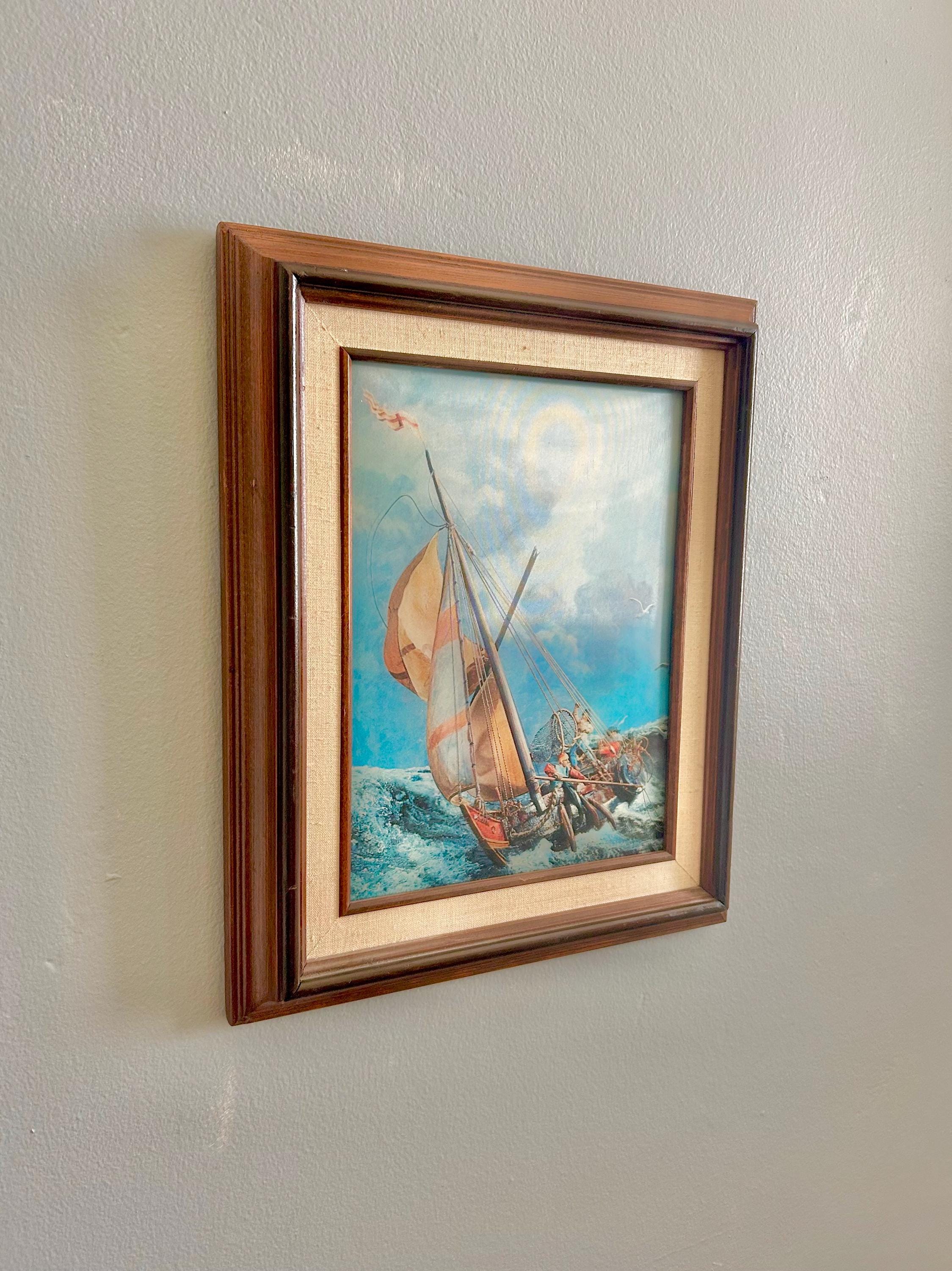 Vintage Lenticular Sailboat Art: Kitsch 3D Hologram, Wooden Frame