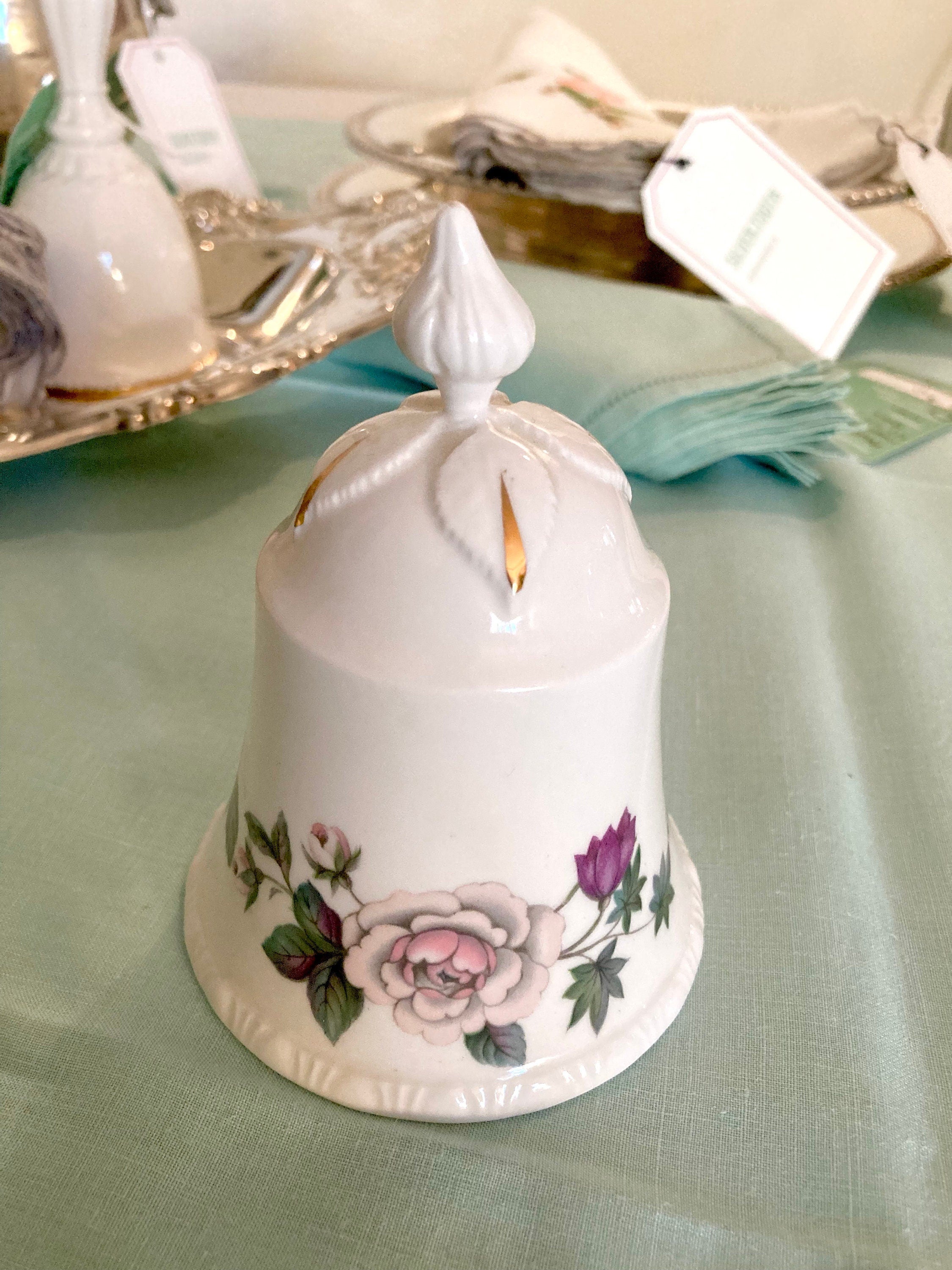 Vintage Bone China Bell - Purple Roses and White