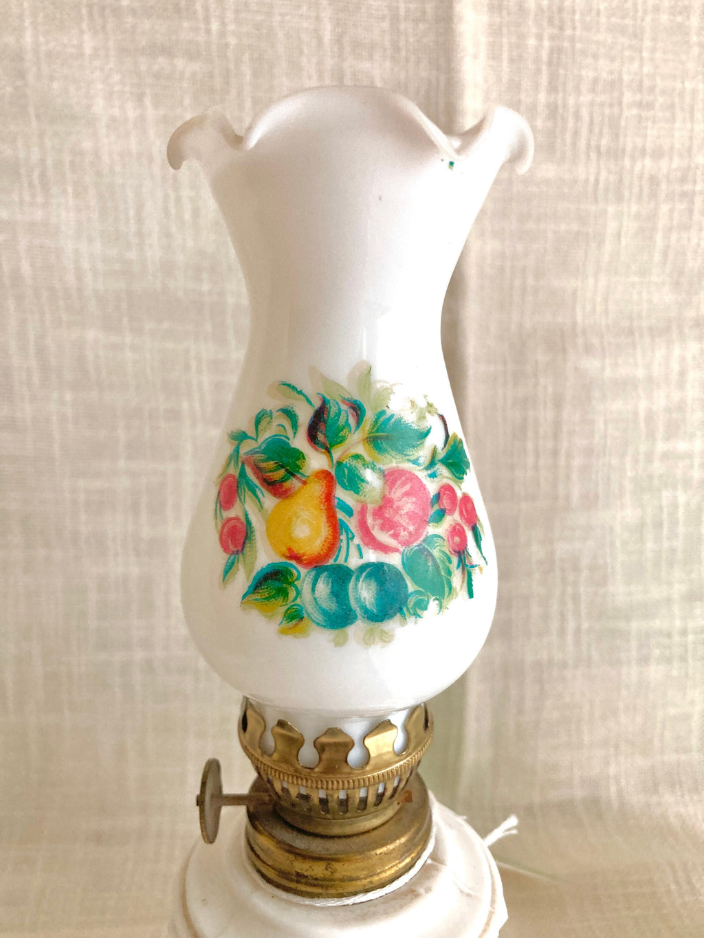 Vintage Milk Glass Oil Lamp: Diamond Hobnail, Fruit Appliqué, 8" Tall