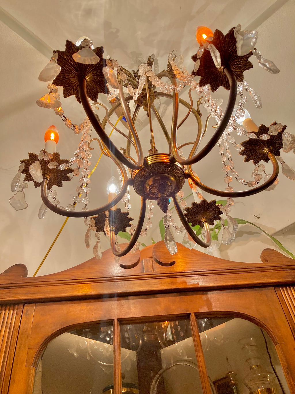 Vintage 1970s Brass and Cut Glass 6-Lamp Opulent Chandelier - Made in Spain