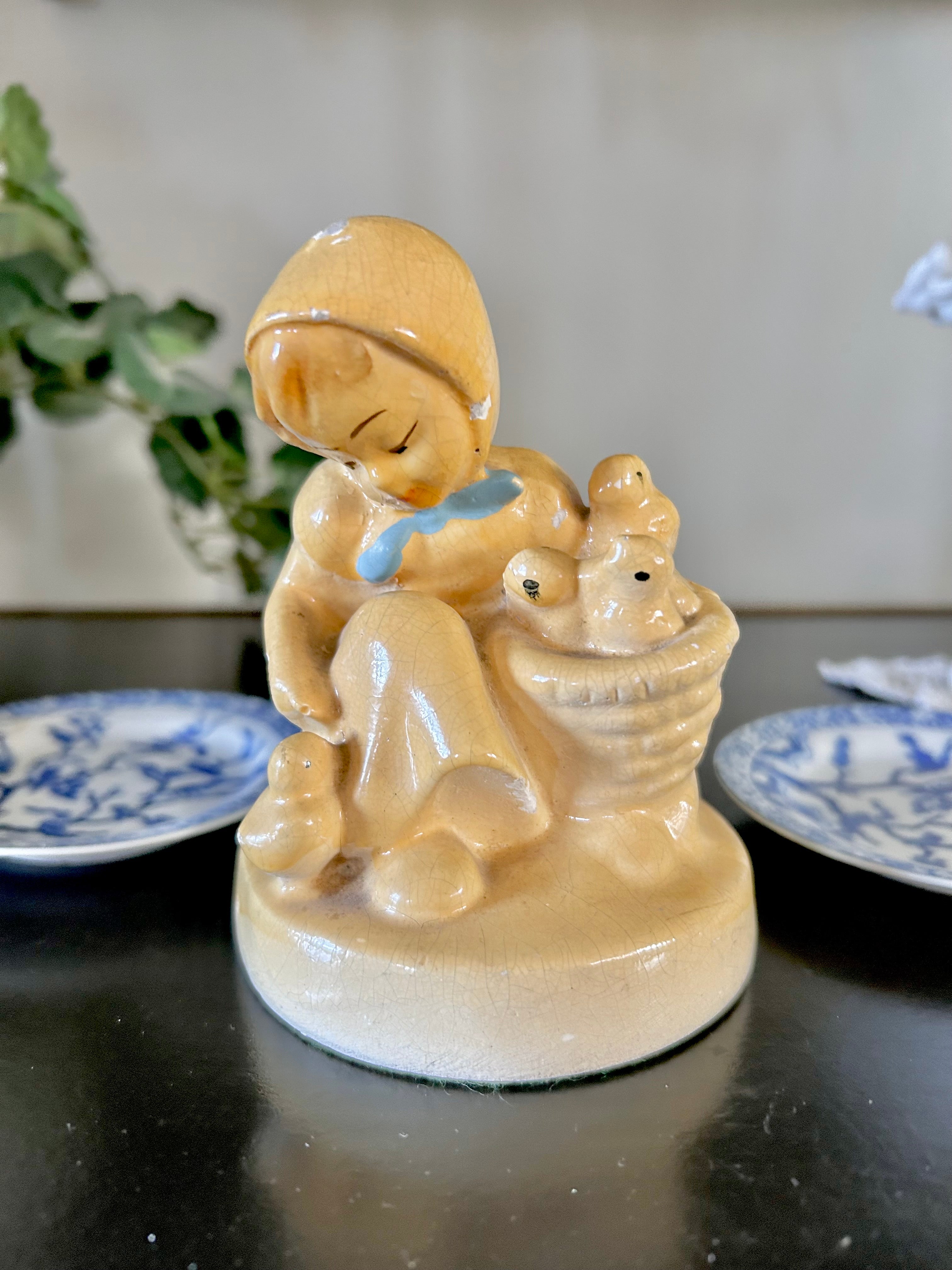 Vintage Chalkware Statuette Girl and Chicks