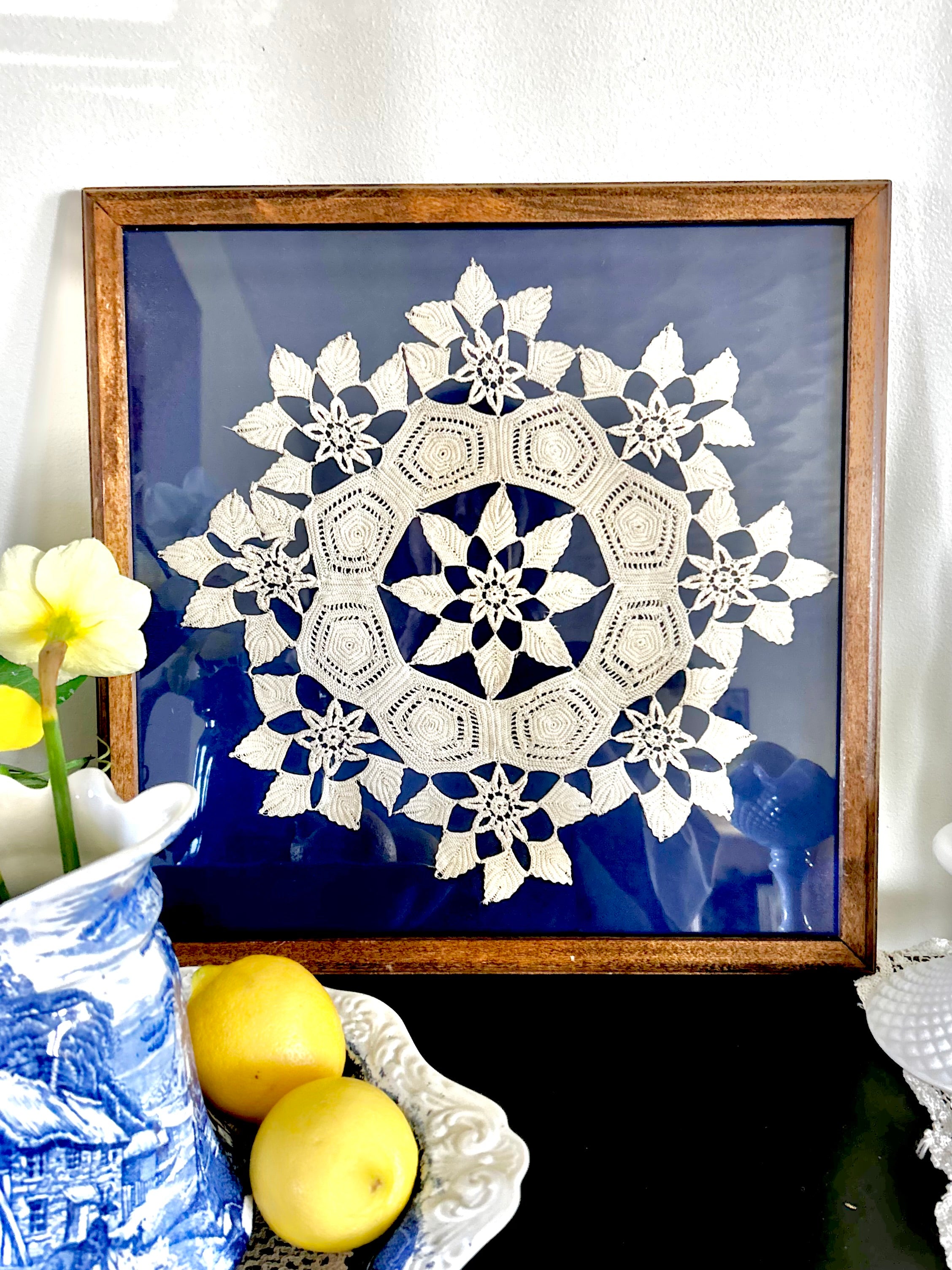 Vintage Framed Crochet and Blue Velvet Wall Decor