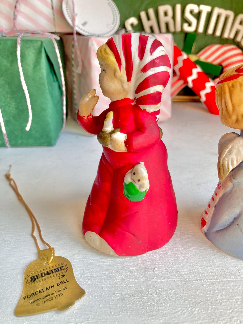 Vintage JASCO Bisque Bell Figurines: Sleepy Girl & Bashful Angel, 1978 Taiwan