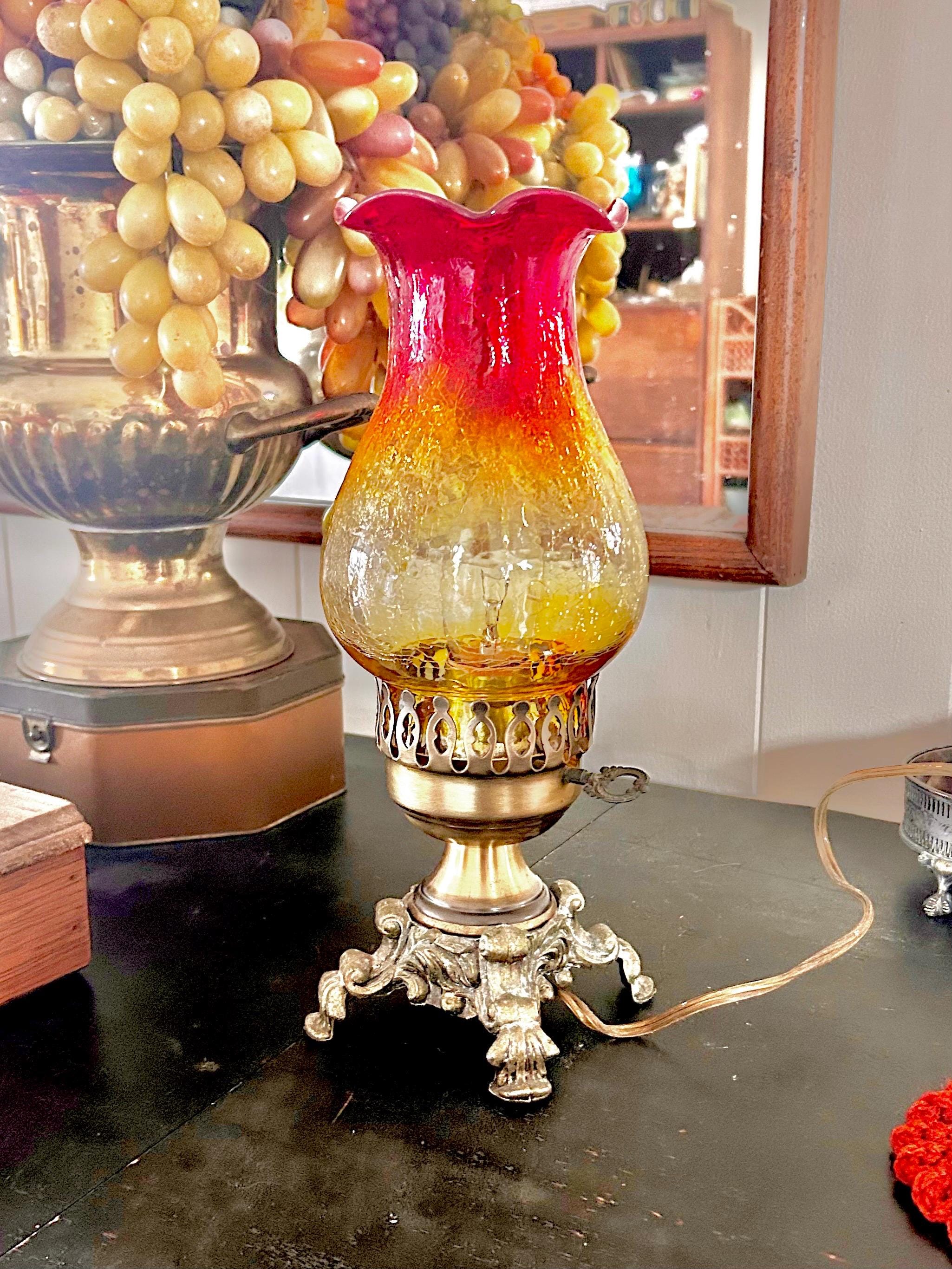 Vintage Amberina Crackle Glass Electric Hurricane Lamp: Brass Base, Ruffled Shade