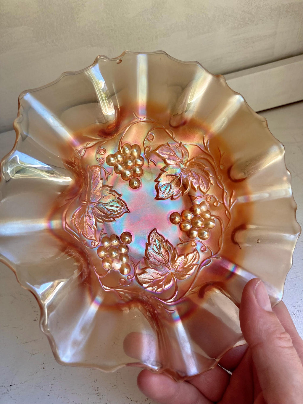 Vintage Dugan Golden Grape Marigold Carnival Glass Ruffled Bowl 7 1/4" diameter