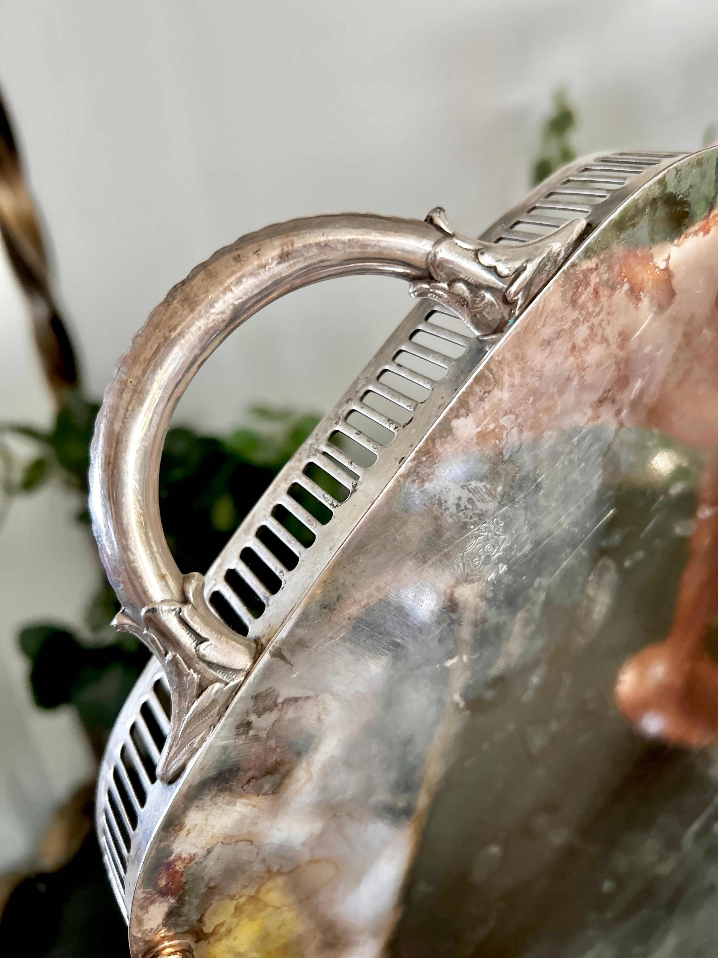 Small Vintage Silver plate Tray with Reticulated Raised Rim
