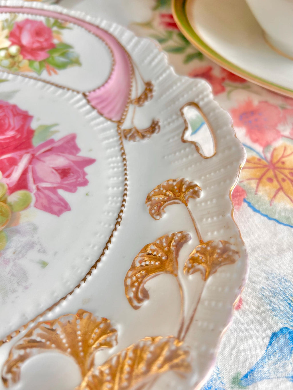 Vintage Porcelain Platter: Gold Foliage, Roses & Grapes, Beaded Handles