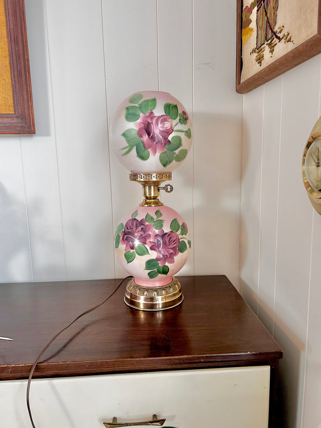 Vintage Three Way Glass Globe Lamp Hand-painted Roses