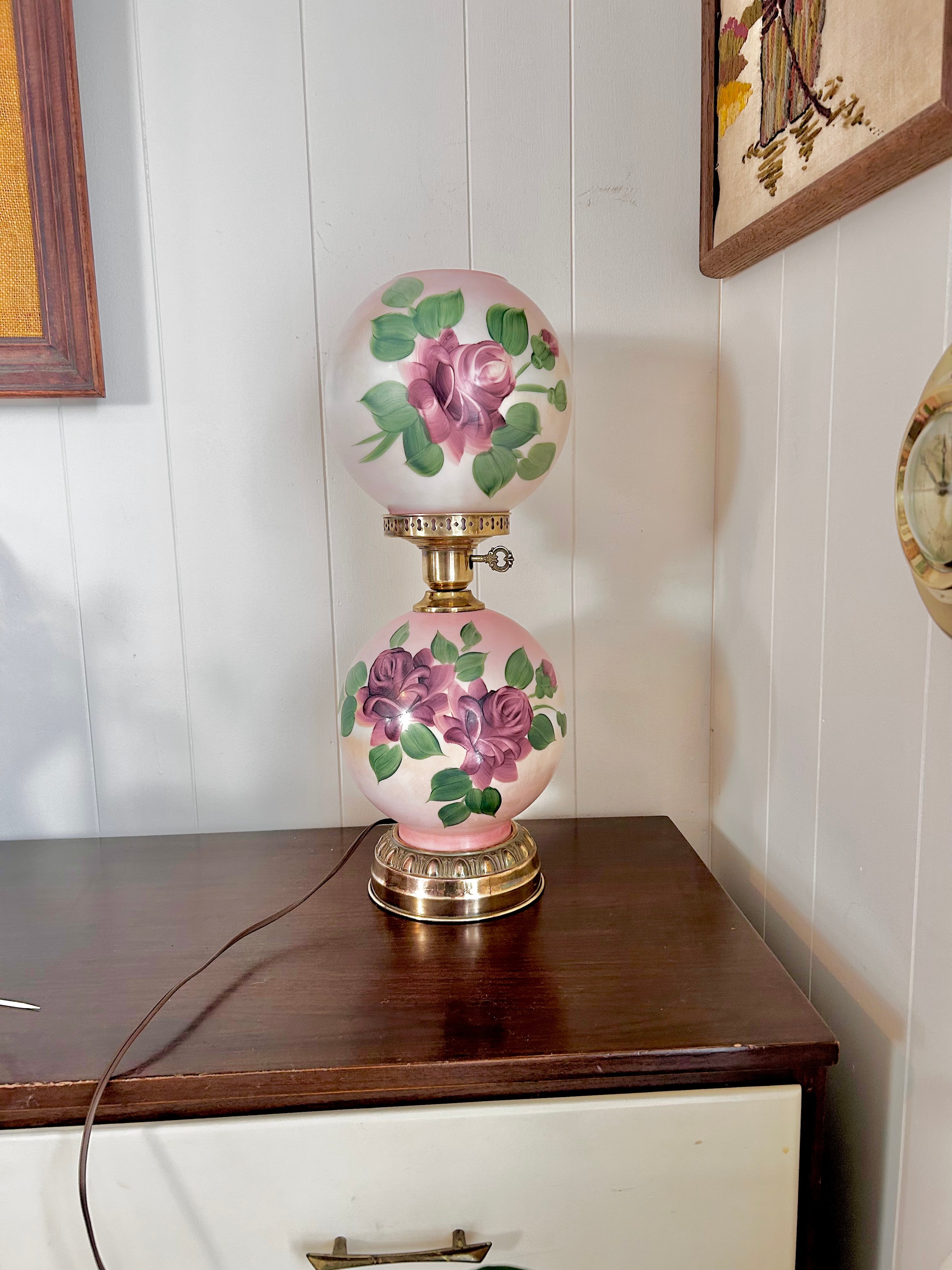 Vintage Three Way Glass Globe Lamp Hand-painted Roses