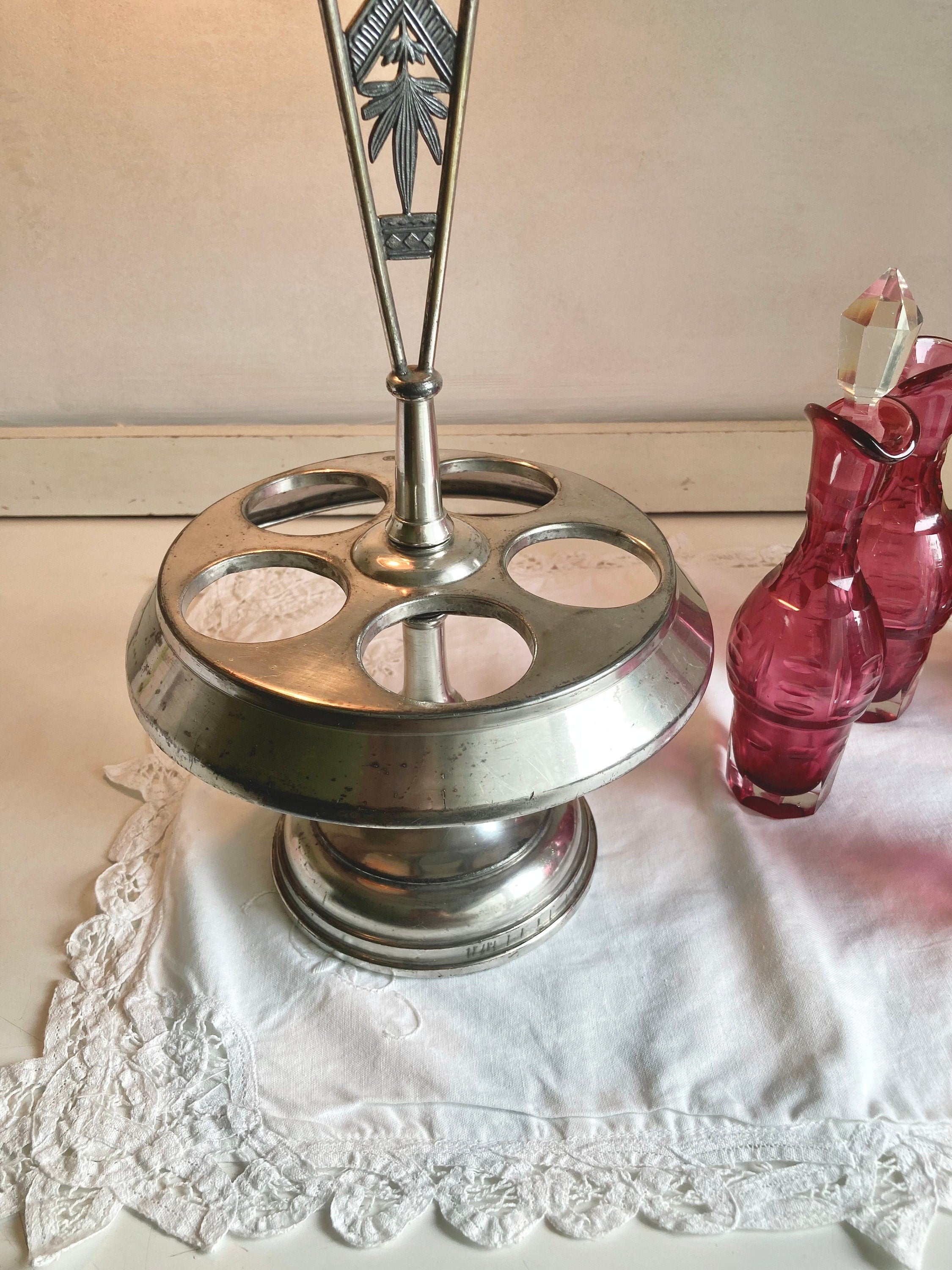 Antique Meriden Silver Plated Cruet Set: Cranberry Thumbprint Glass Bottles