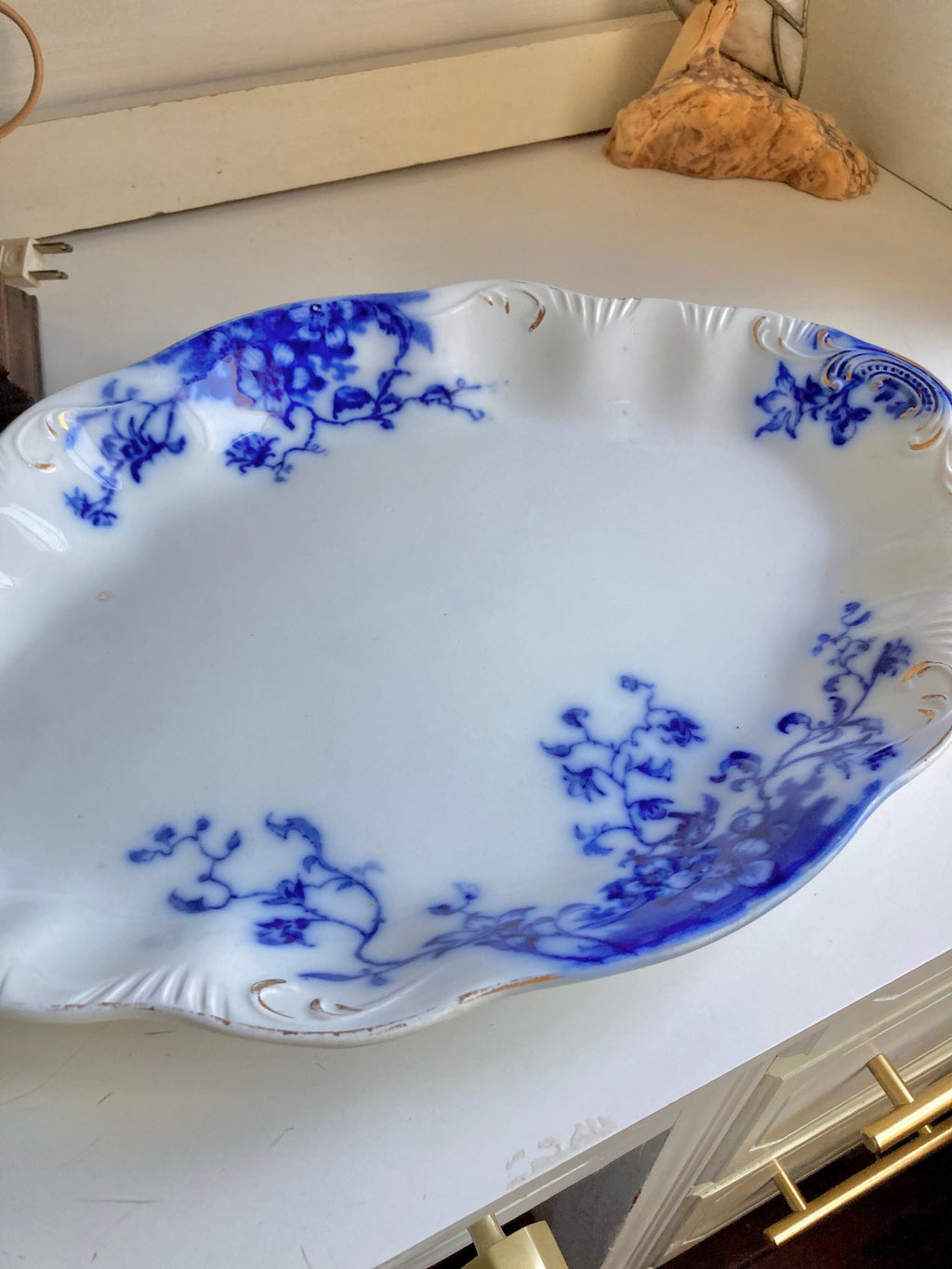 Antique Grindley Flow Blue Platter: 16" Floral Foliage, Gilding