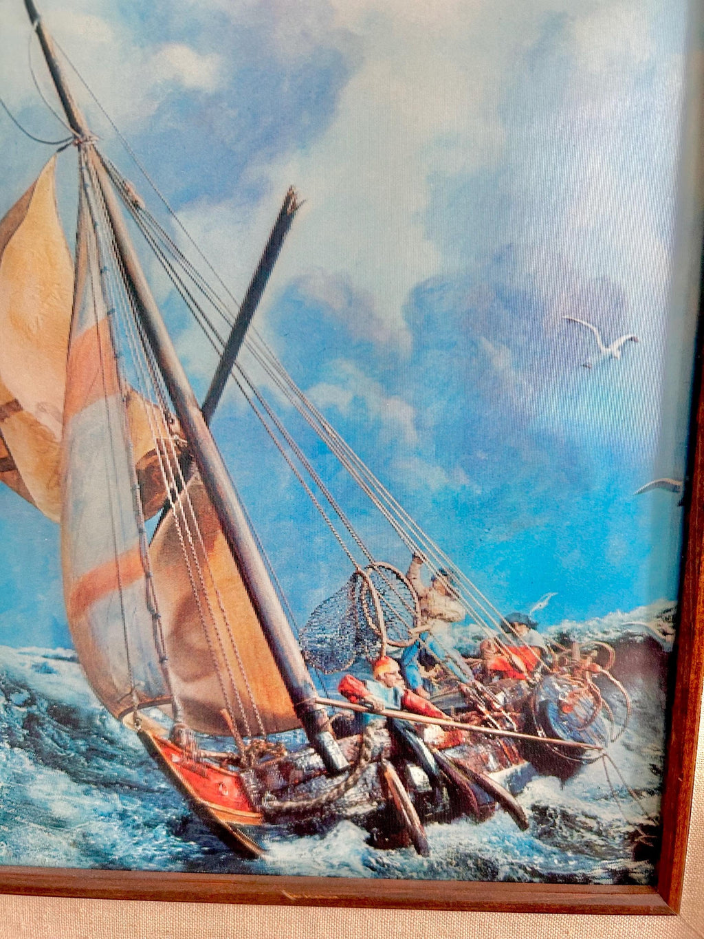 Vintage Lenticular Sailboat Art: Kitsch 3D Hologram, Wooden Frame