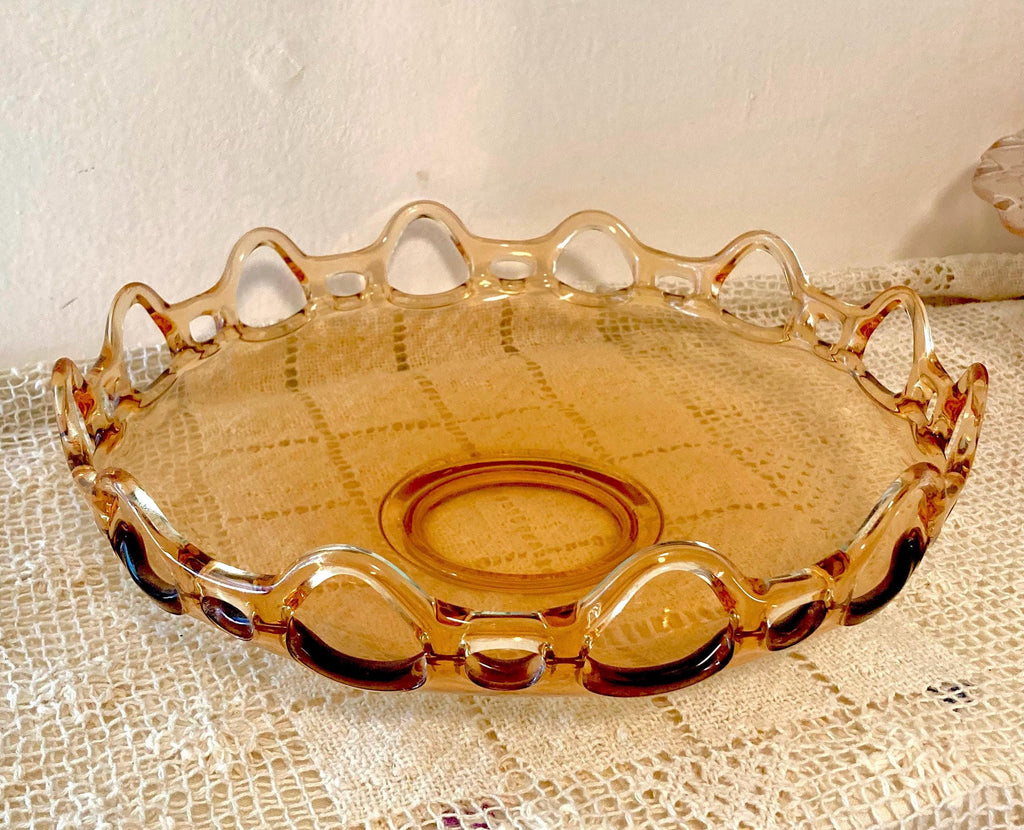Fostoria Amber Glass 11" Console Bowl - Open Lace Edge Pattern #2320 - circa 1930