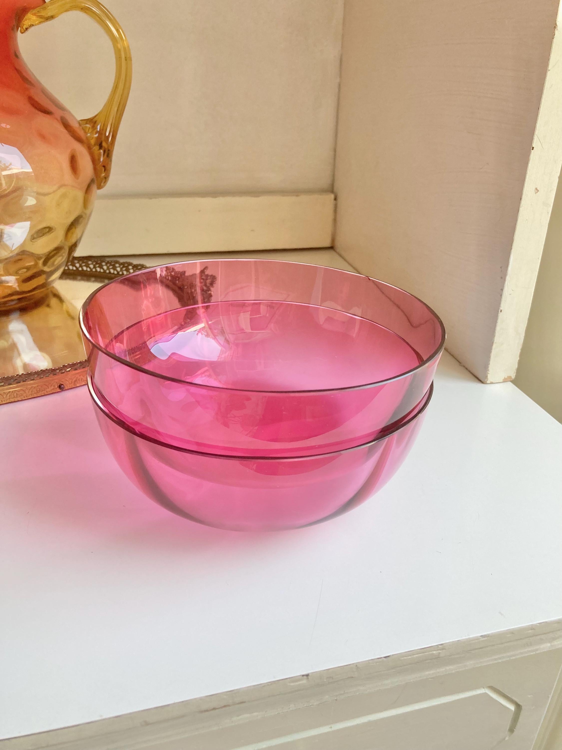 Pair of Antique Victorian Optic Blown Glass Textured Cranberry Pink Bowls - Set of 2