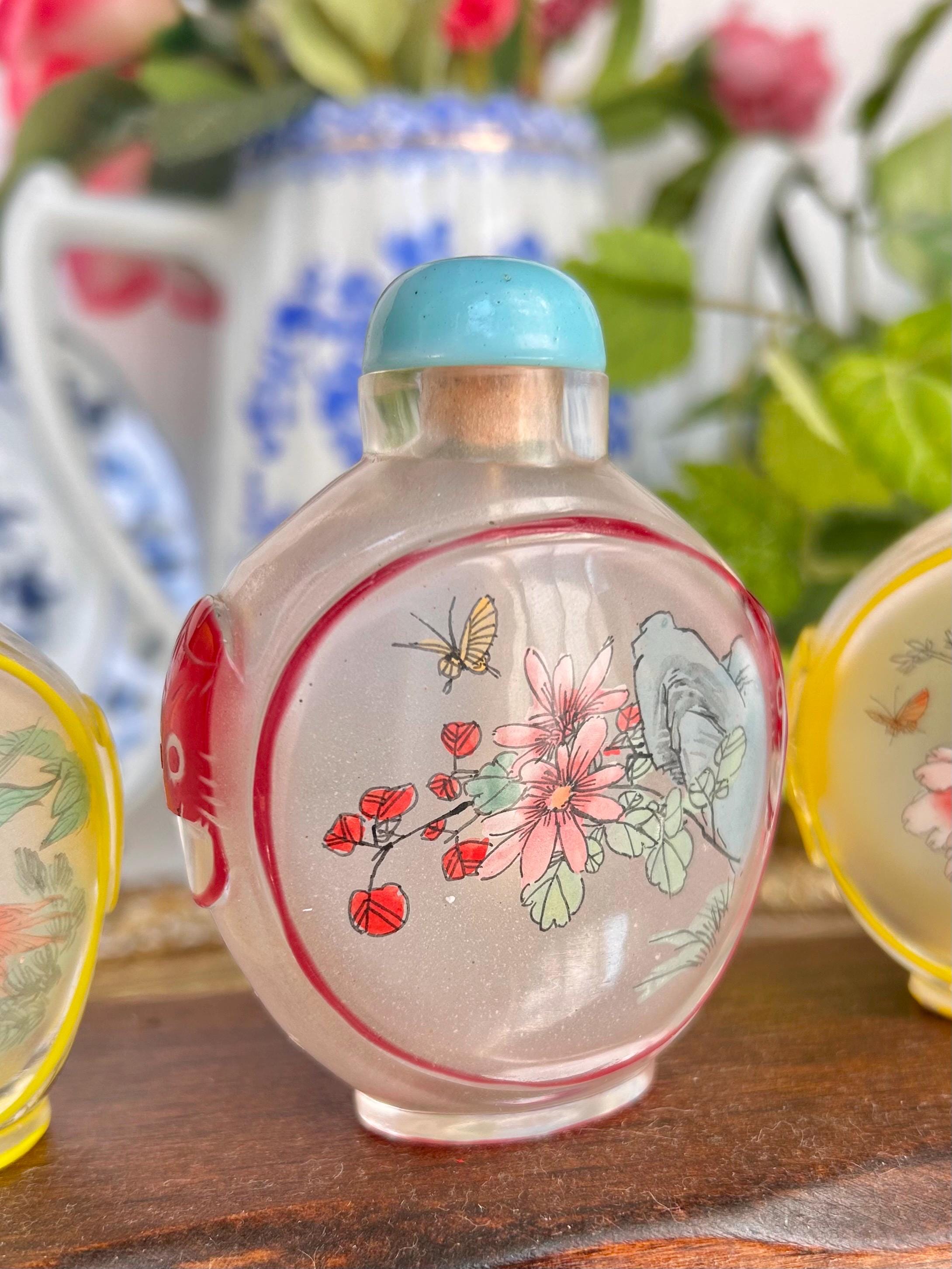 Vintage Chinese reverse Painted Carved Glass Snuff Bottles, 2-3 inch, Sold Individually