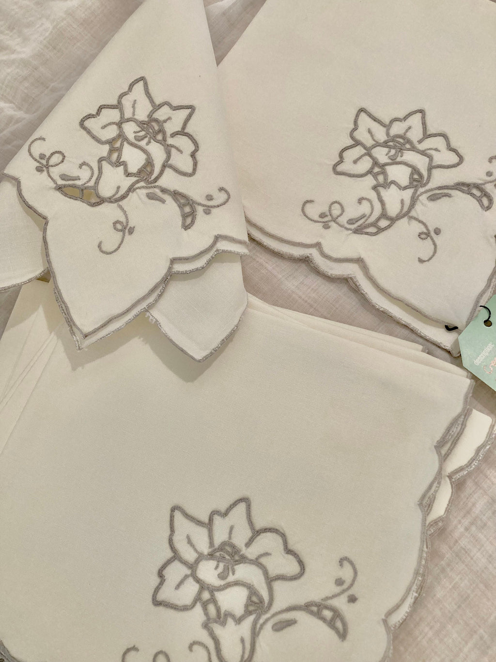Vintage Linen Cream and Grey Trumpet Flower Dinner Napkins - Set of 8