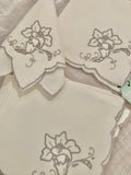 Vintage Linen Cream and Grey Trumpet Flower Dinner Napkins - Set of 8