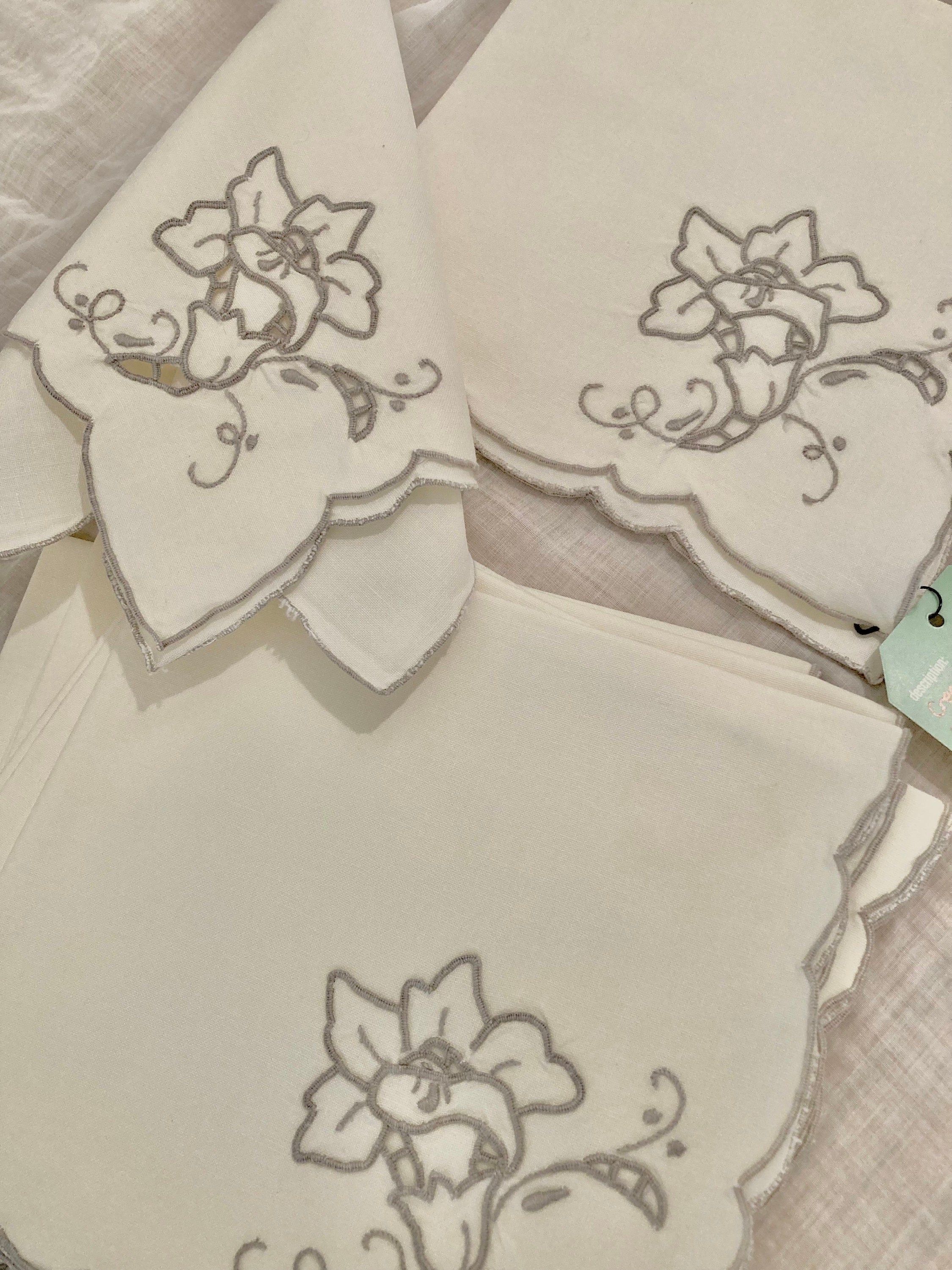 Vintage Linen Cream and Grey Trumpet Flower Dinner Napkins - Set of 8