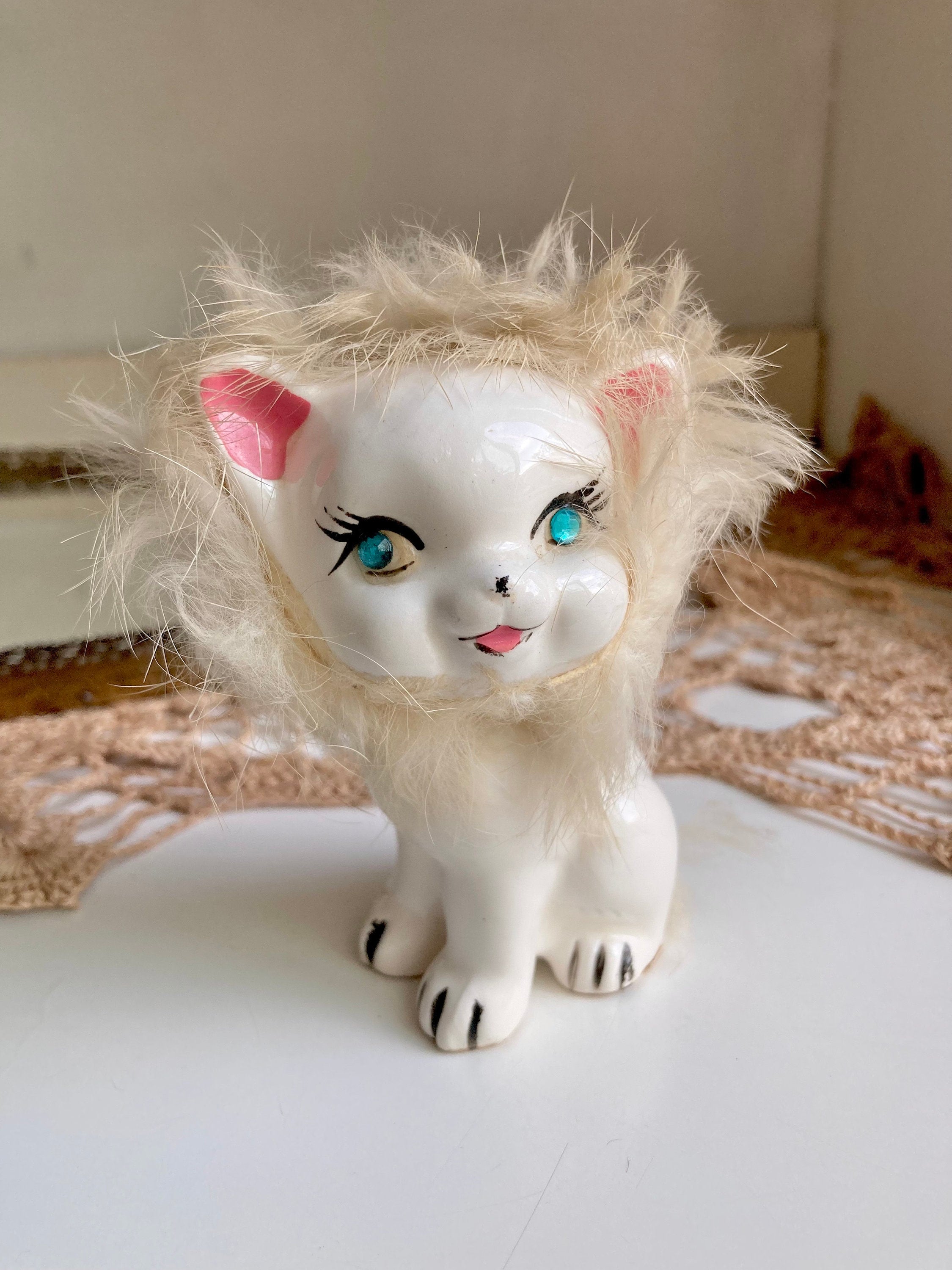 Midcentury Anthropomorphic Ceramic Cats Hand Painted with applied Fur - Japan - Choose from 3