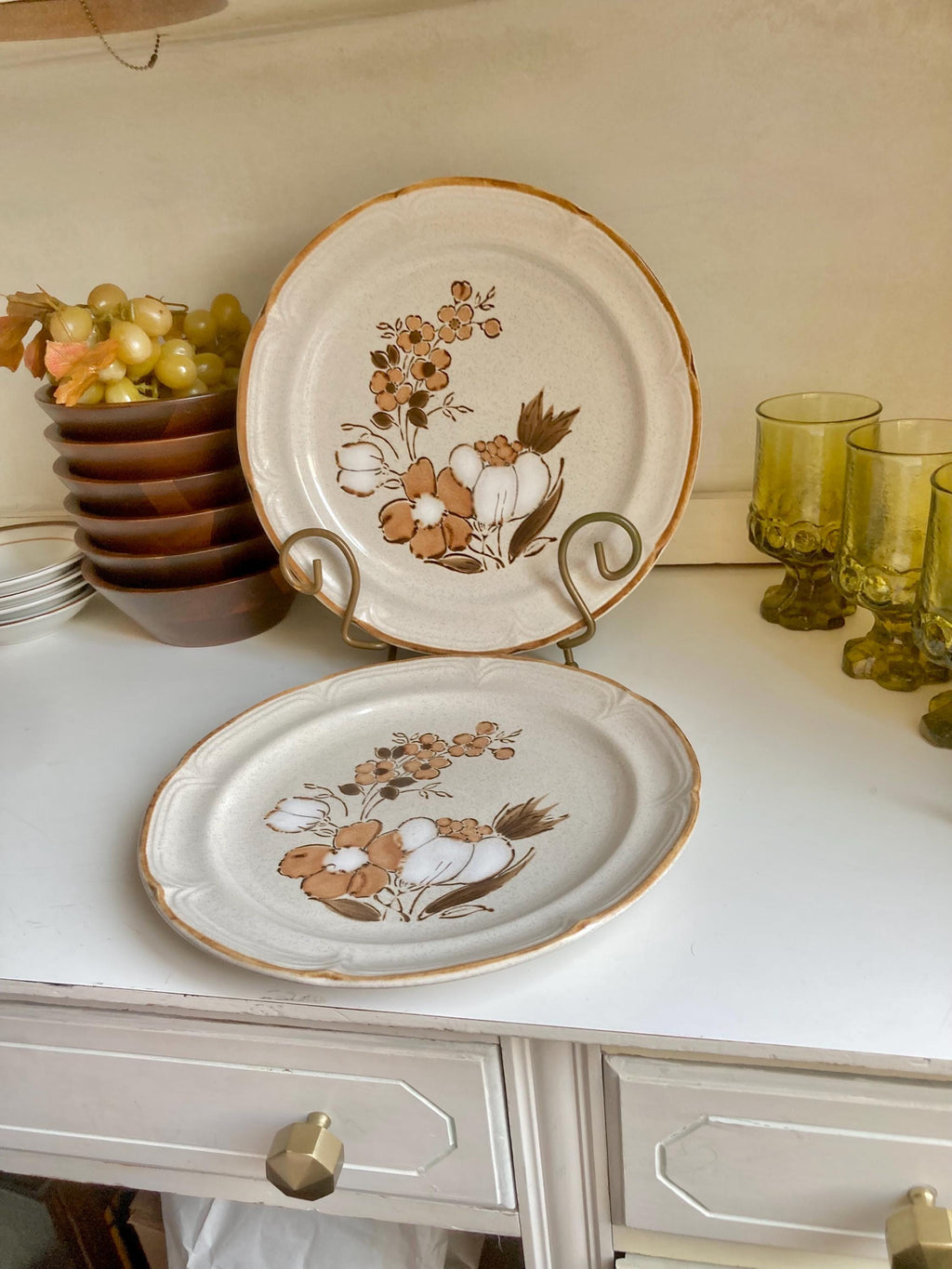 Vintage Hearthside Stoneware Dinner Plates: Autumn Floral, Set of 2