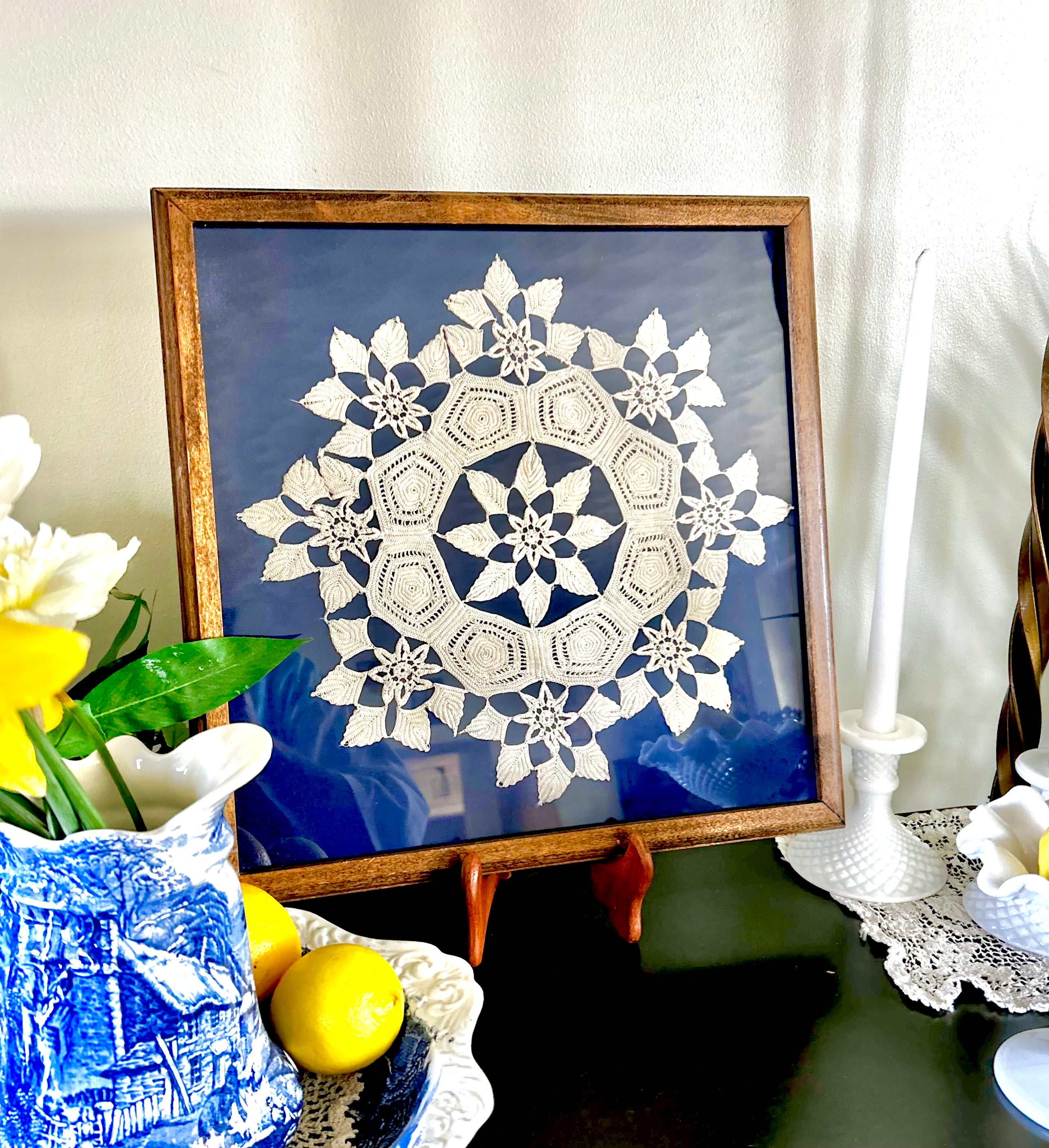 Vintage Framed Crochet and Blue Velvet Wall Decor