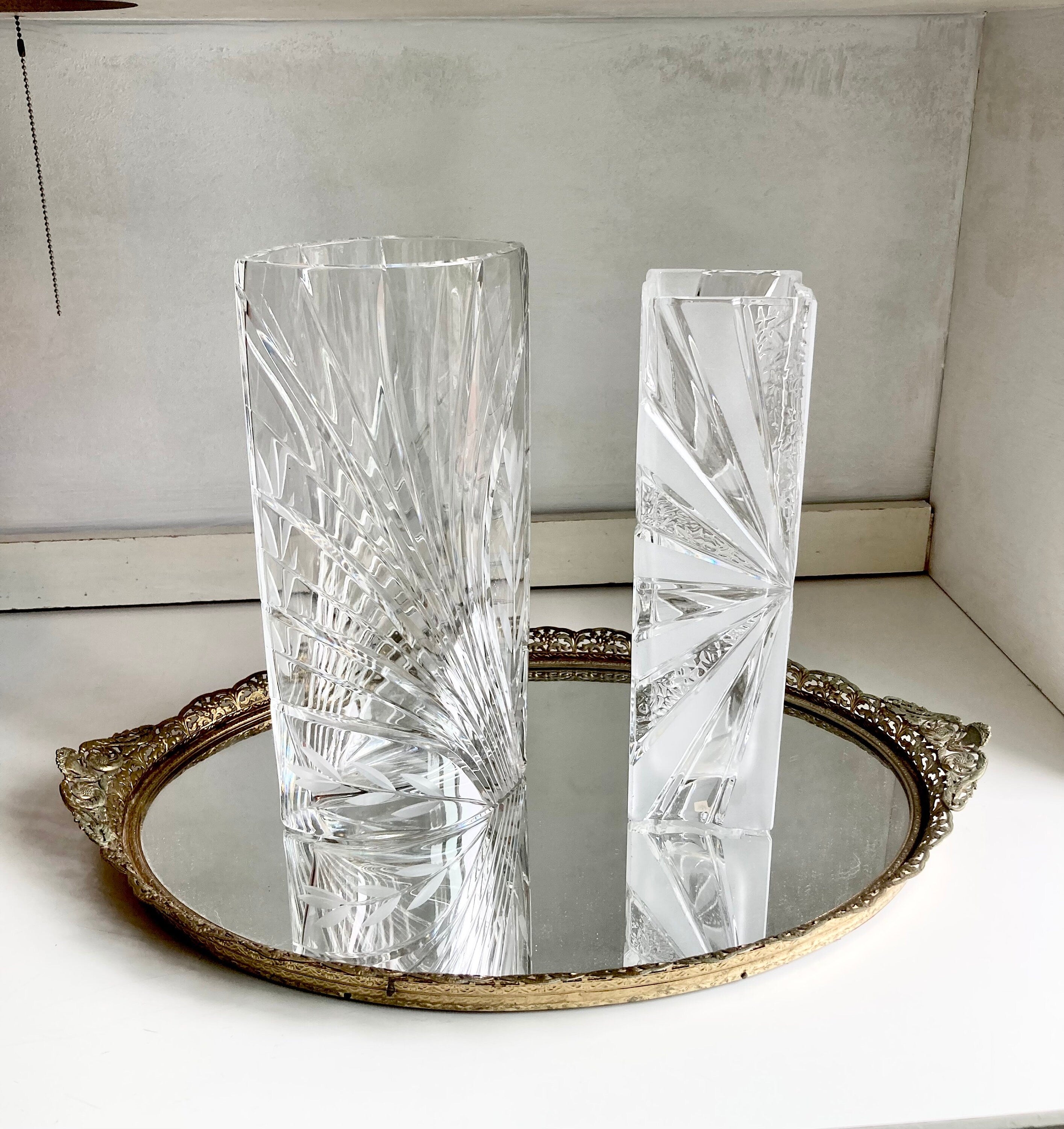 Vintage European Cut Crystal Vases: Geometric Frosted Glass Accents