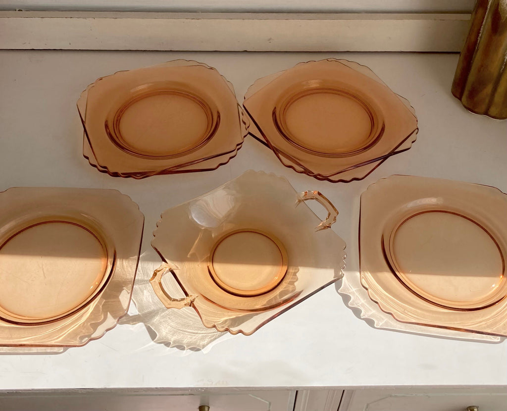 Vintage Fostoria Mayfair Honey Amber Glass Plate Set: Luncheon Plates & Relish Dish