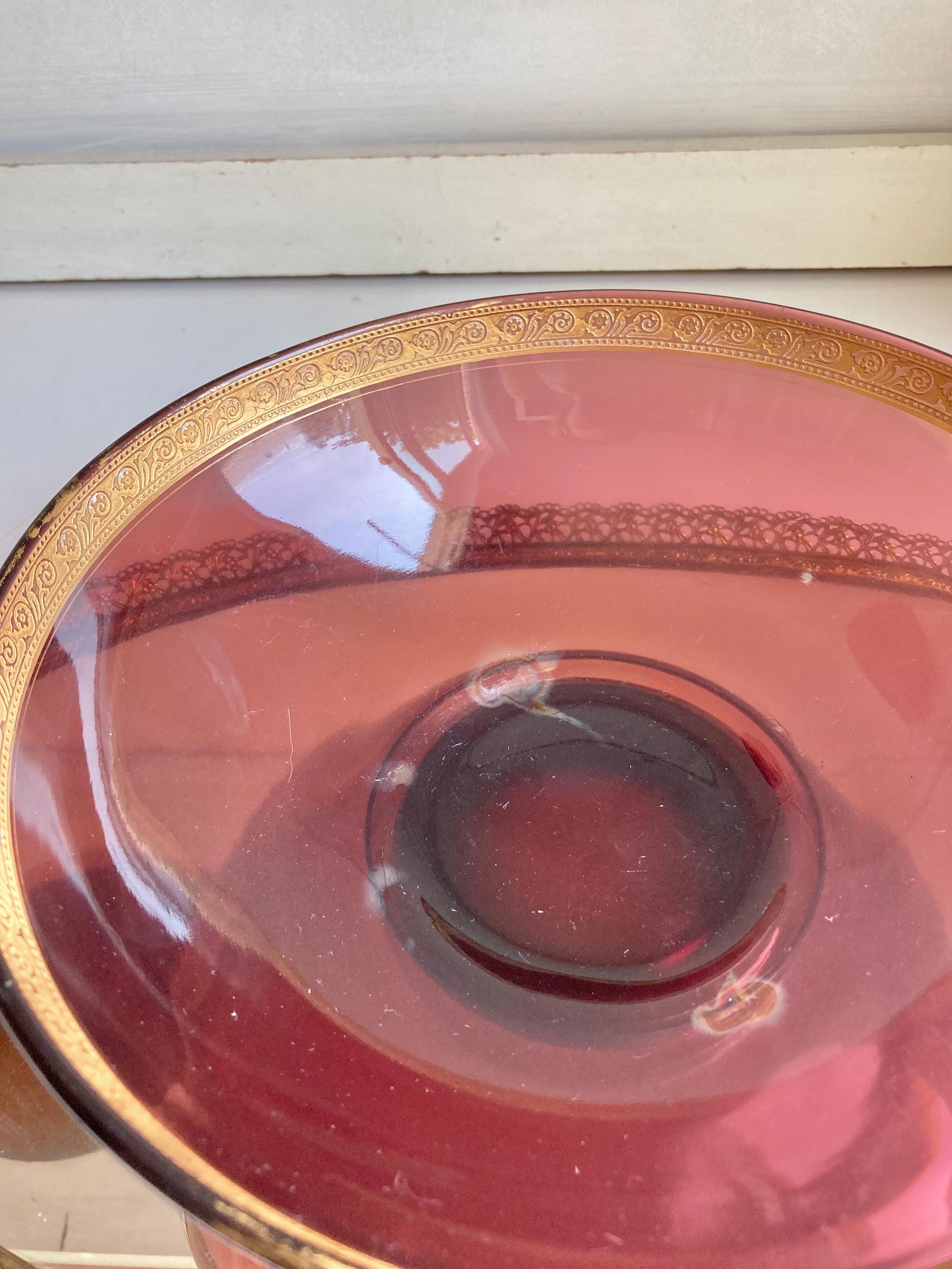 Vintage Purple Amethyst glass 8.75” serving bowl with Ornate Gilt Rim - Worn Finish