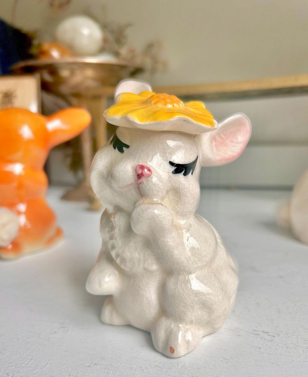 Vintage Ceramic Bunny Figurines: Cottontail Cotton Ball Dispenser