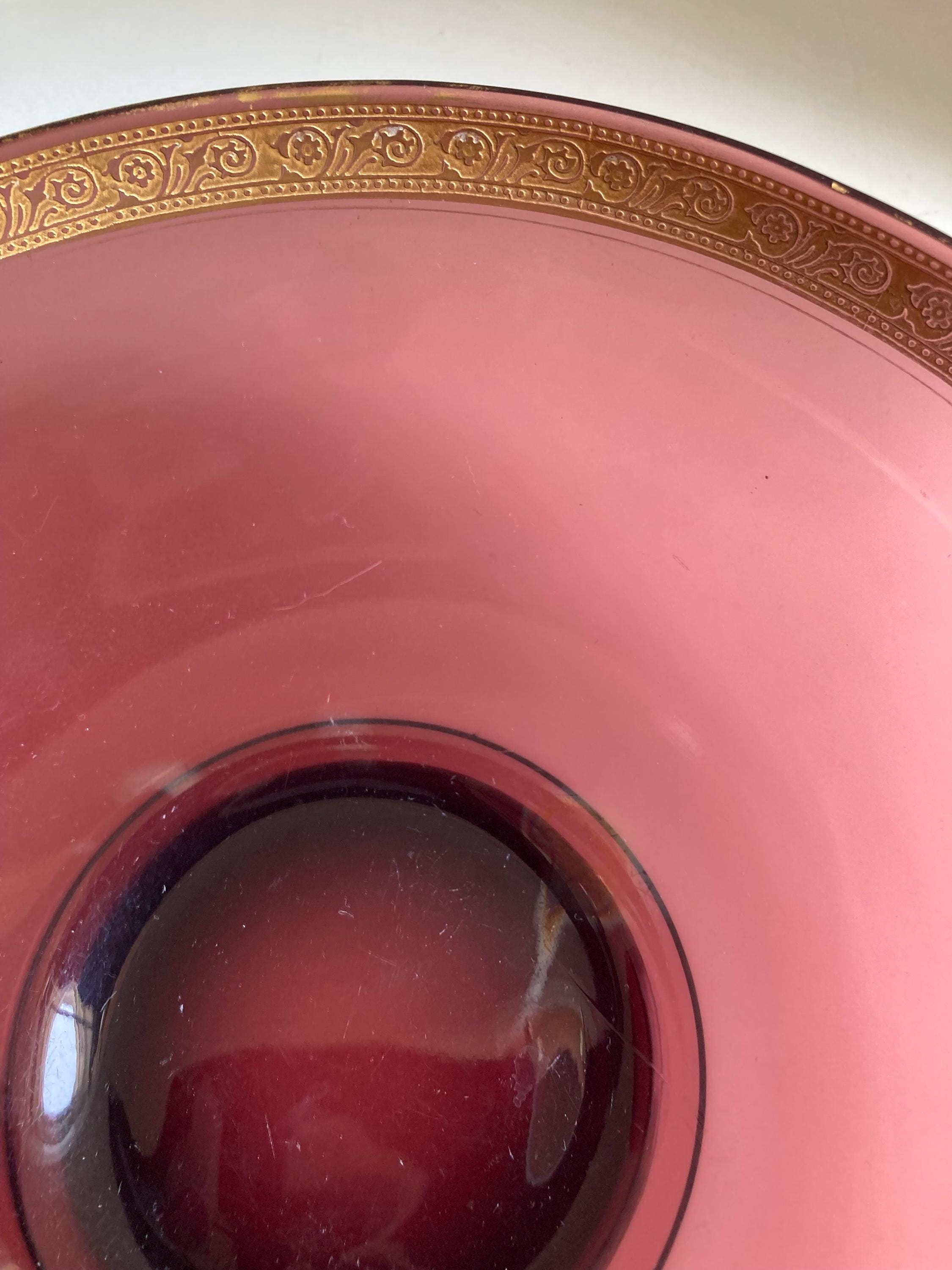Vintage Purple Amethyst glass 8.75” serving bowl with Ornate Gilt Rim - Worn Finish