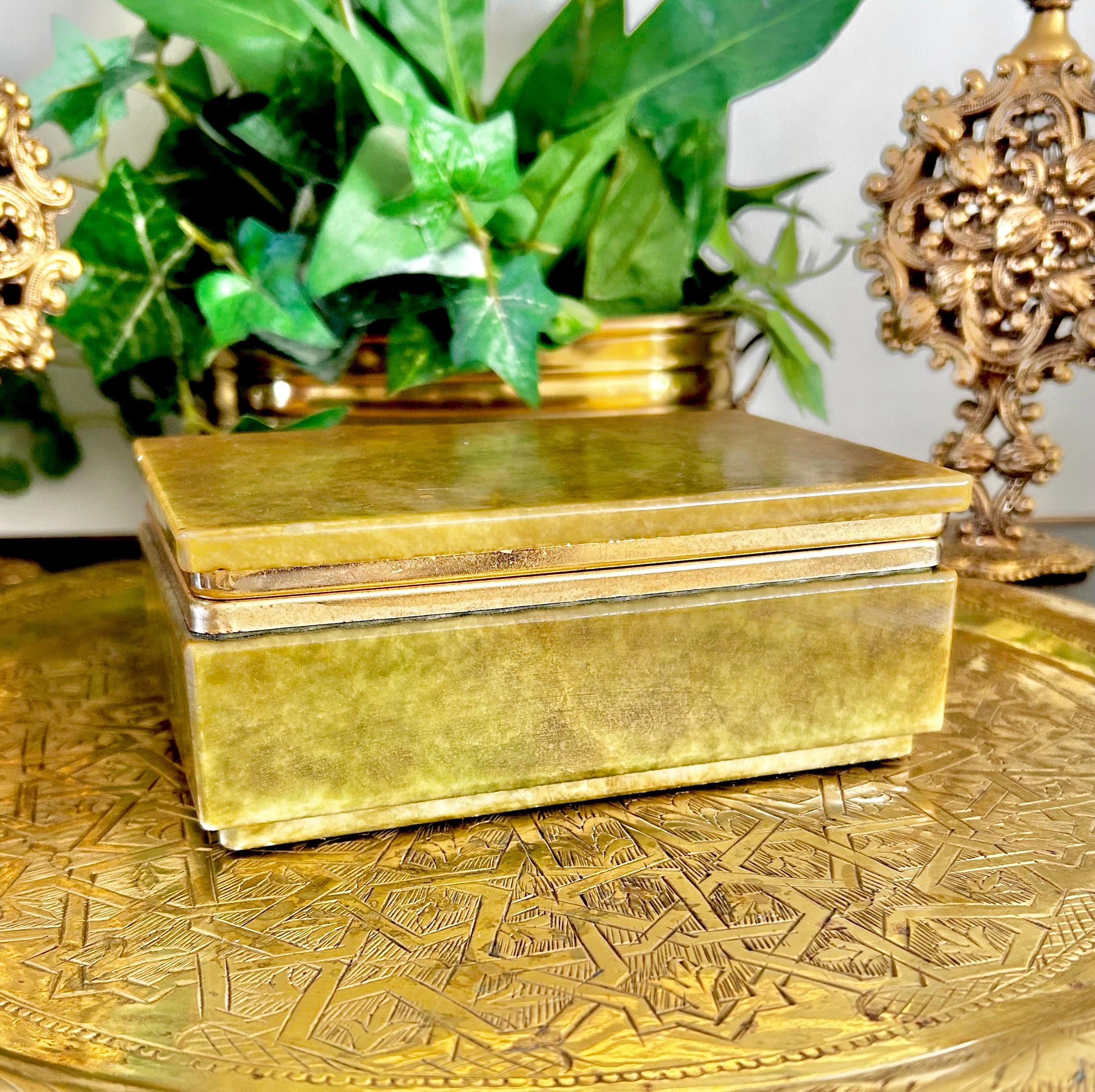 Vintage Olive Green Alabaster Hinged Jewelry Box with gold Tone Trim, Footed