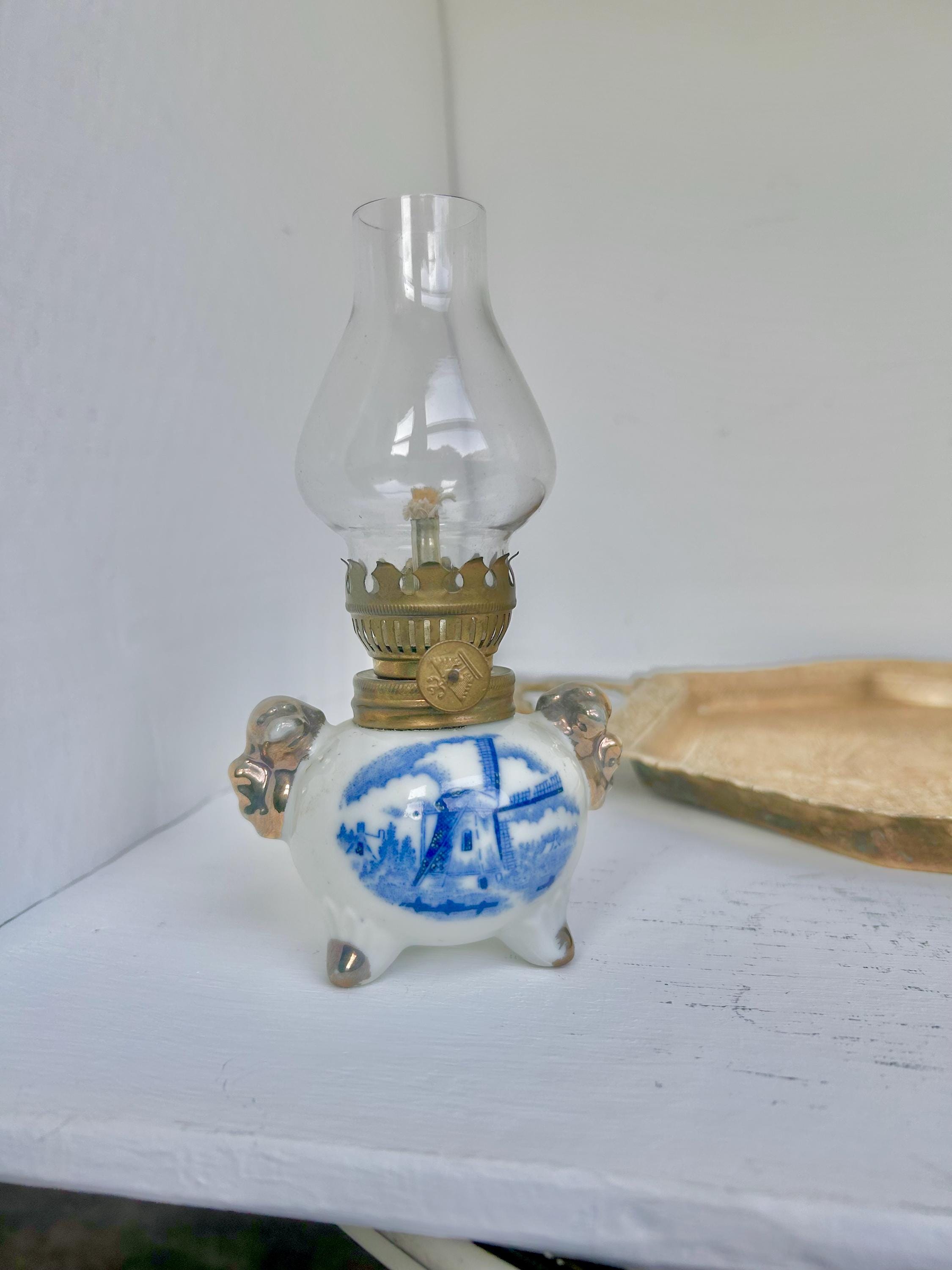 Vintage Dutch Windmill Porcelain Oil Lamp: Blue & White China, Gilt Trim