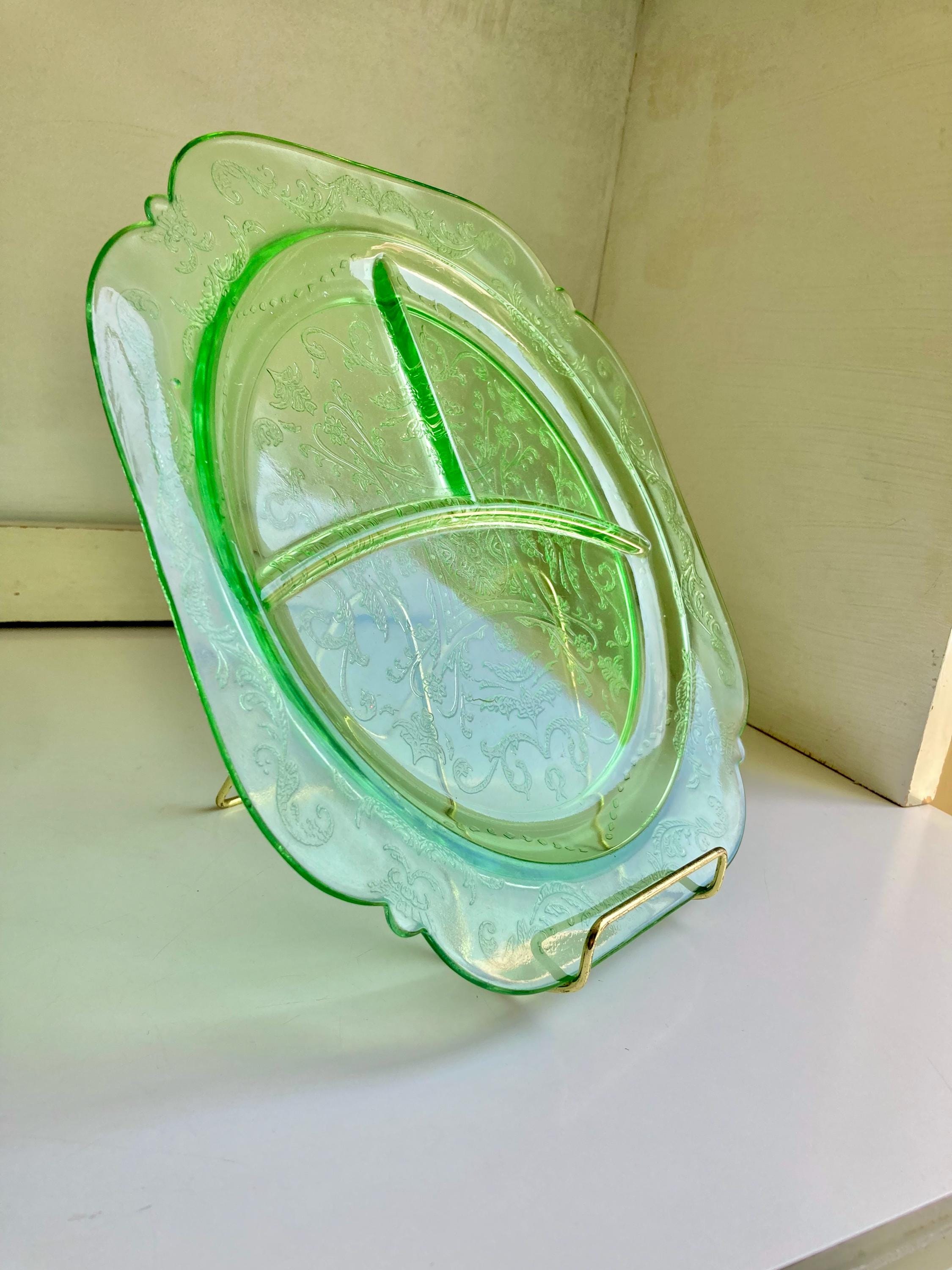 Vintage Uranium Green Glass Divided Plate: Federal Madrid Pattern