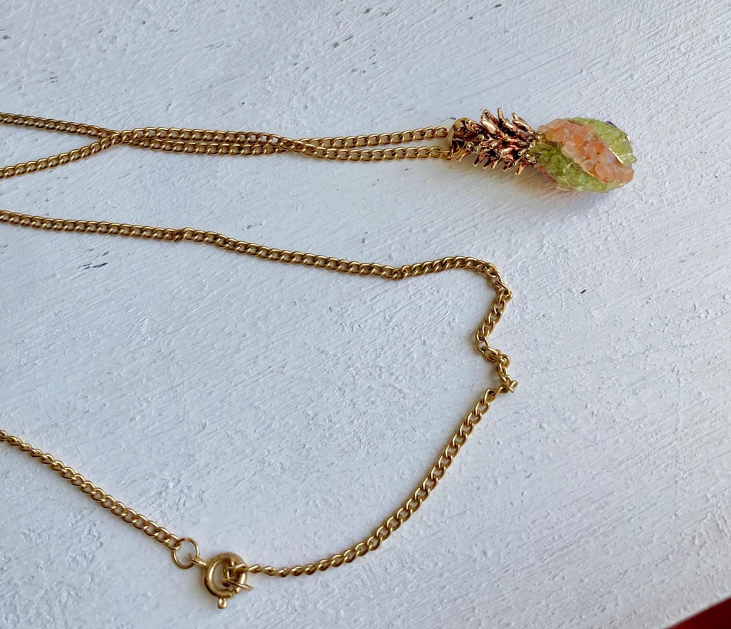 Vintage Semi-precious Stone Encrusted Pineapple Gold-tone Pendant on Long 24-inch gold-tone Chain