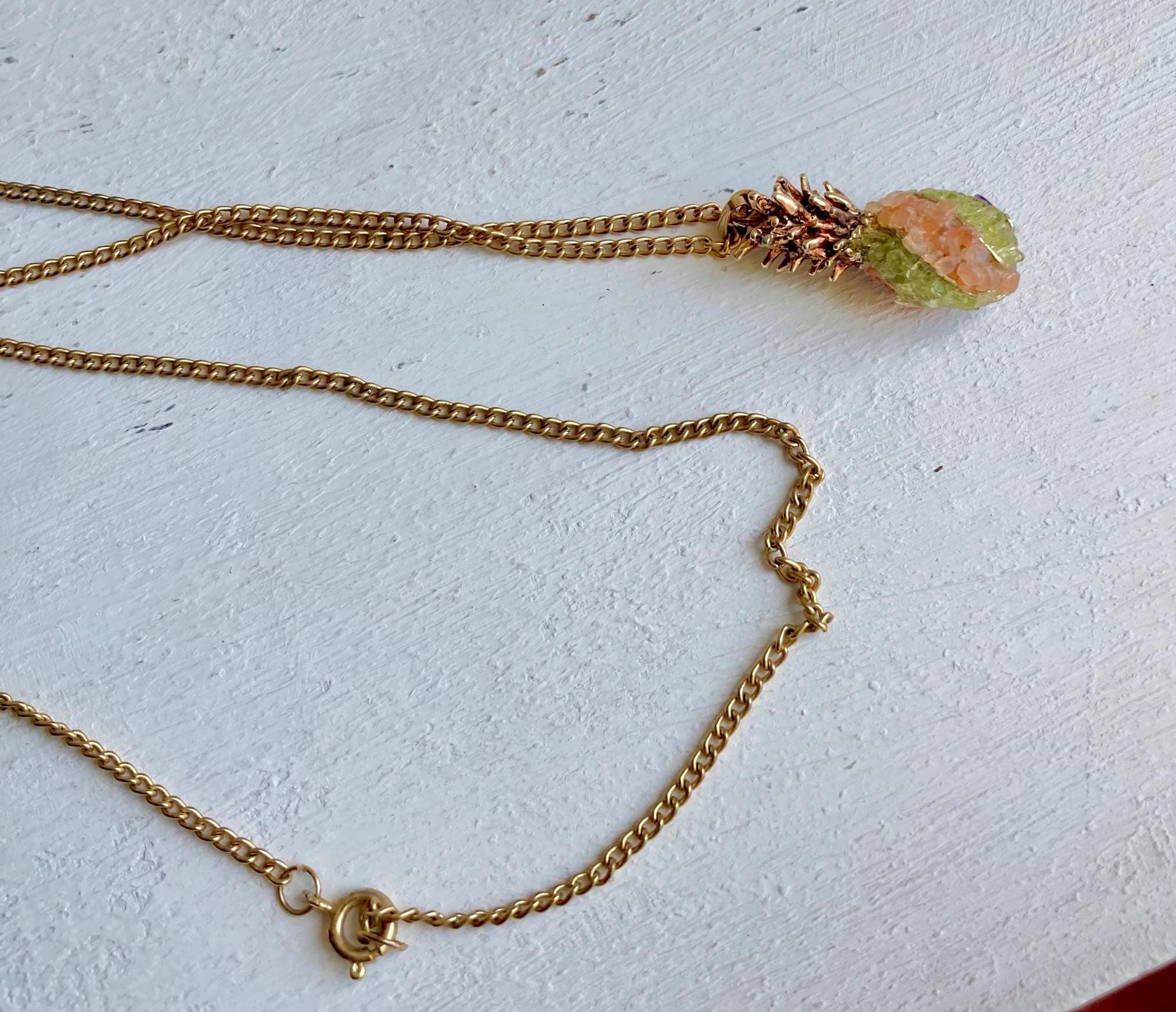 Vintage Semi-precious Stone Encrusted Pineapple Gold-tone Pendant on Long 24-inch gold-tone Chain