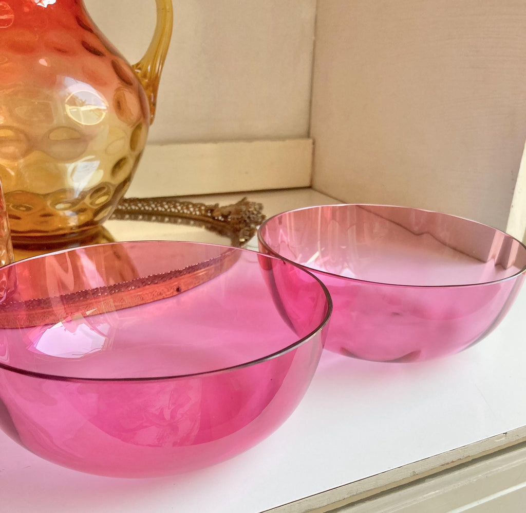 Pair of Antique Victorian Optic Blown Glass Textured Cranberry Pink Bowls - Set of 2