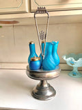 Antique Meriden Silver Plated Cruet Caddy: Sky-Blue Swirl Glass Bottles