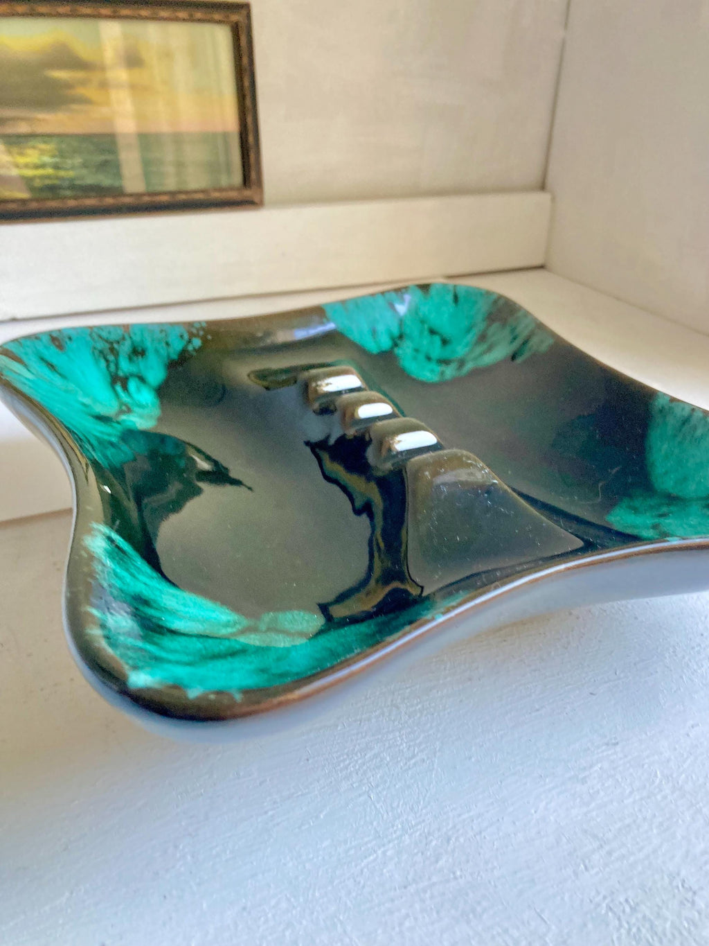 Vintage MCM Drip Glaze Ceramic Ashtray: Turquoise & Olive Green
