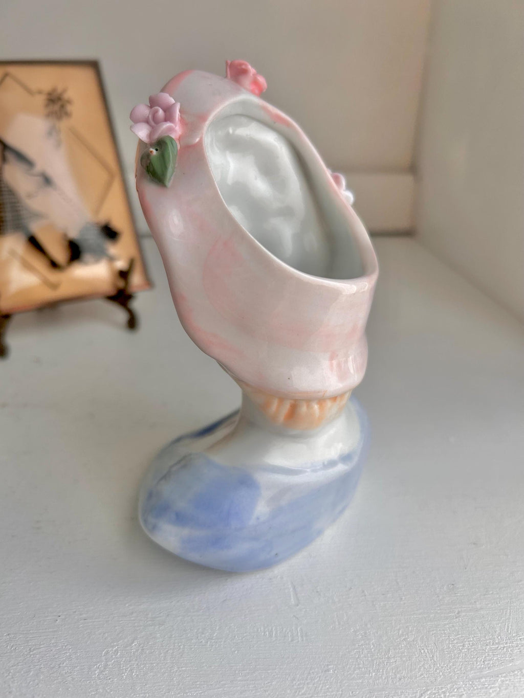 Vintage Lady Head Vase: Floral Pink Hat, Blonde Hair Ceramic Planter