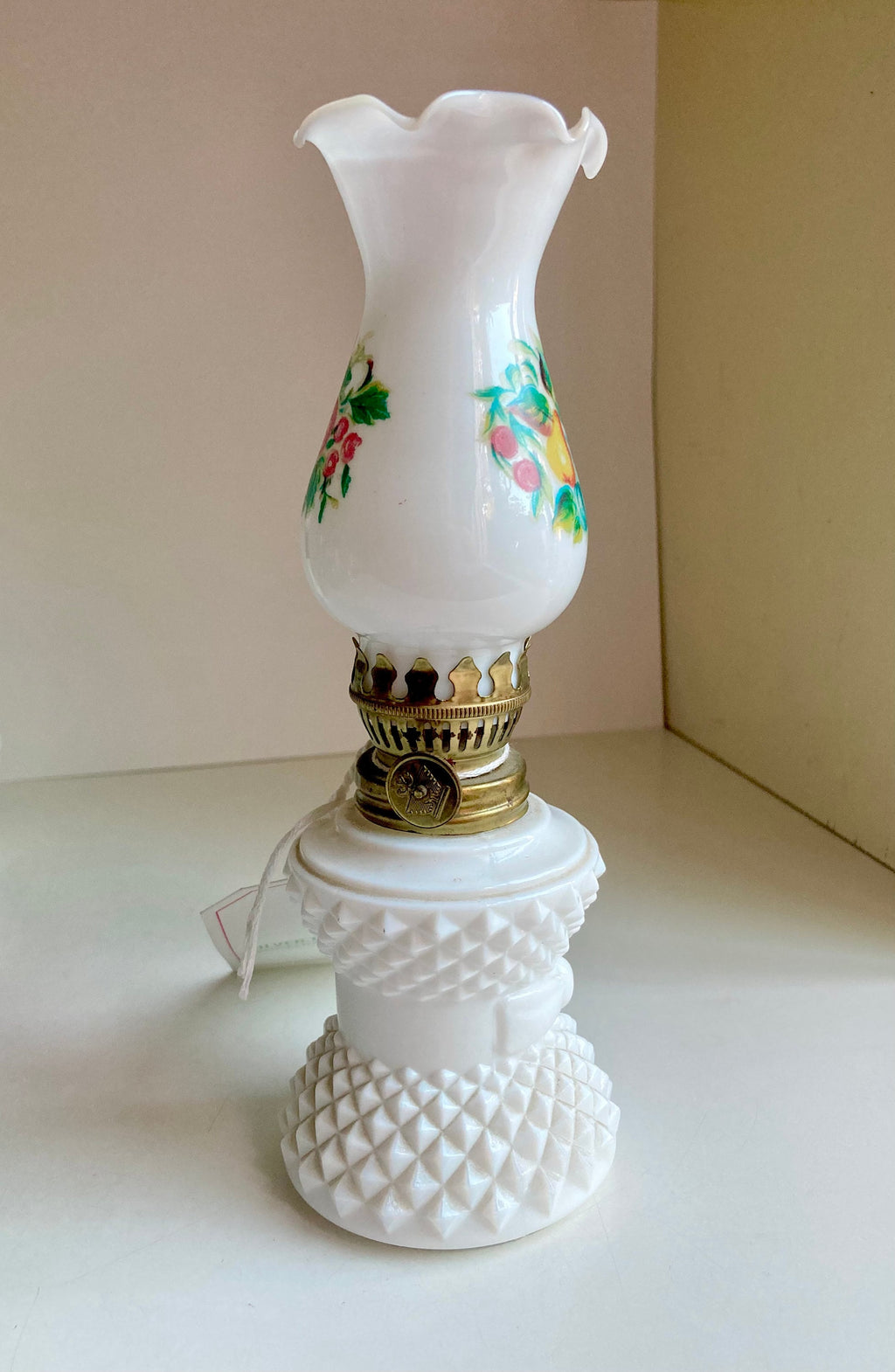 Vintage Milk Glass Oil Lamp: Diamond Hobnail, Fruit Appliqué, 8" Tall