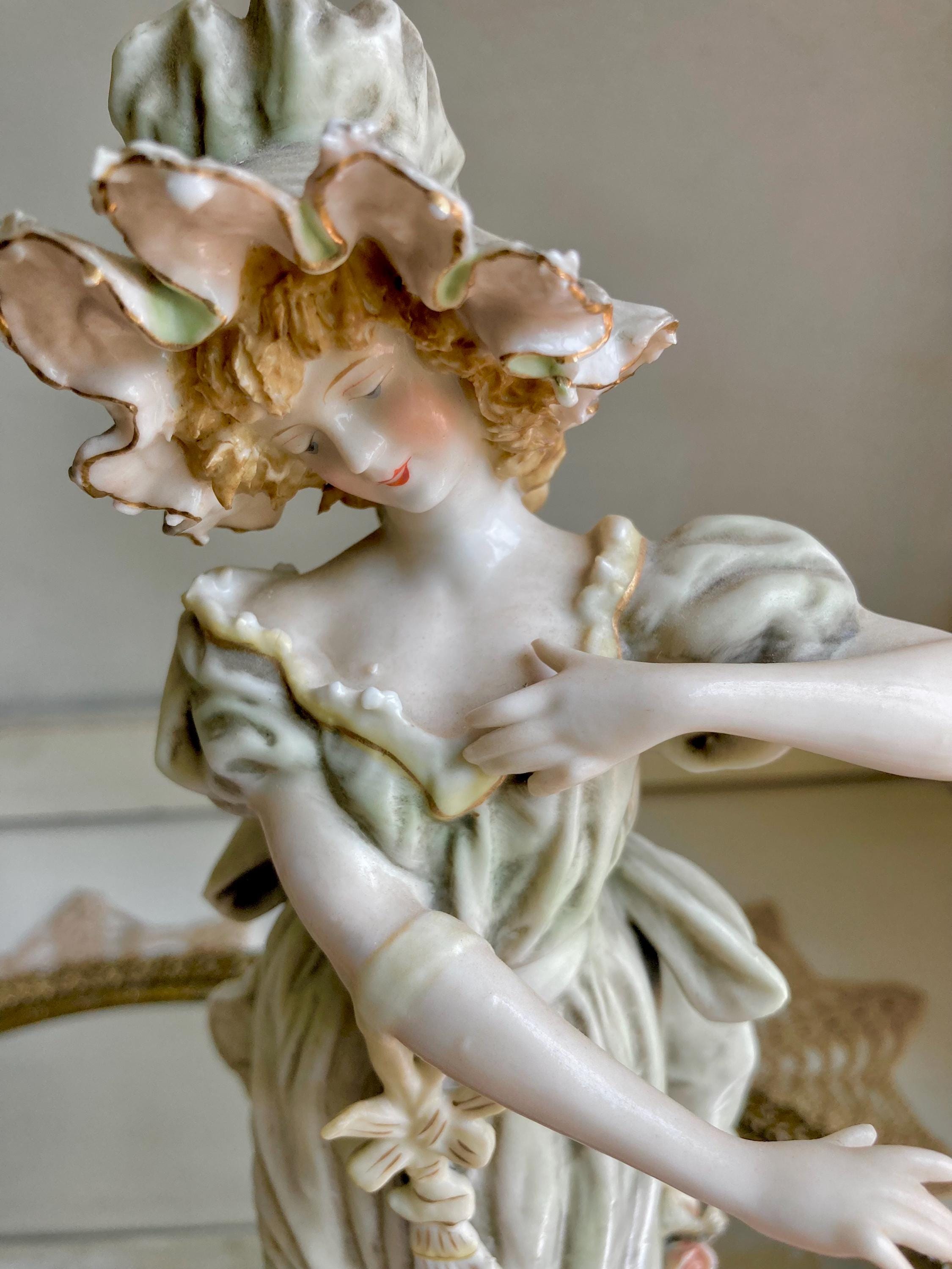 Vintage 12" Porcelain Statuette-Victorian Lady in Bonnet and Flowing Green Gown-Original Arnart Creation Japan