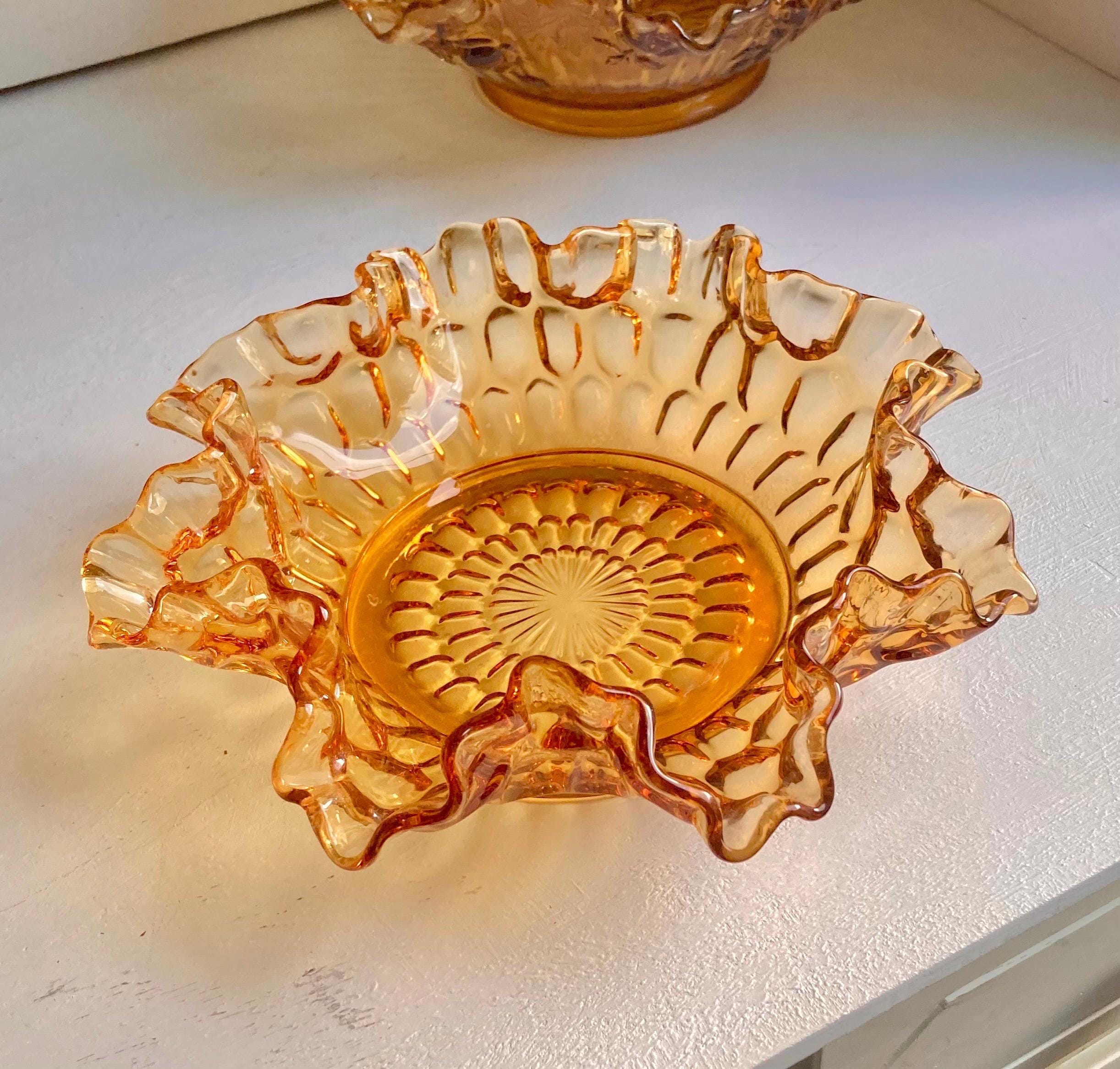 Vintage Amber Art Glass Bowl: Fenton, IVIMA Ruffled Rim Compote
