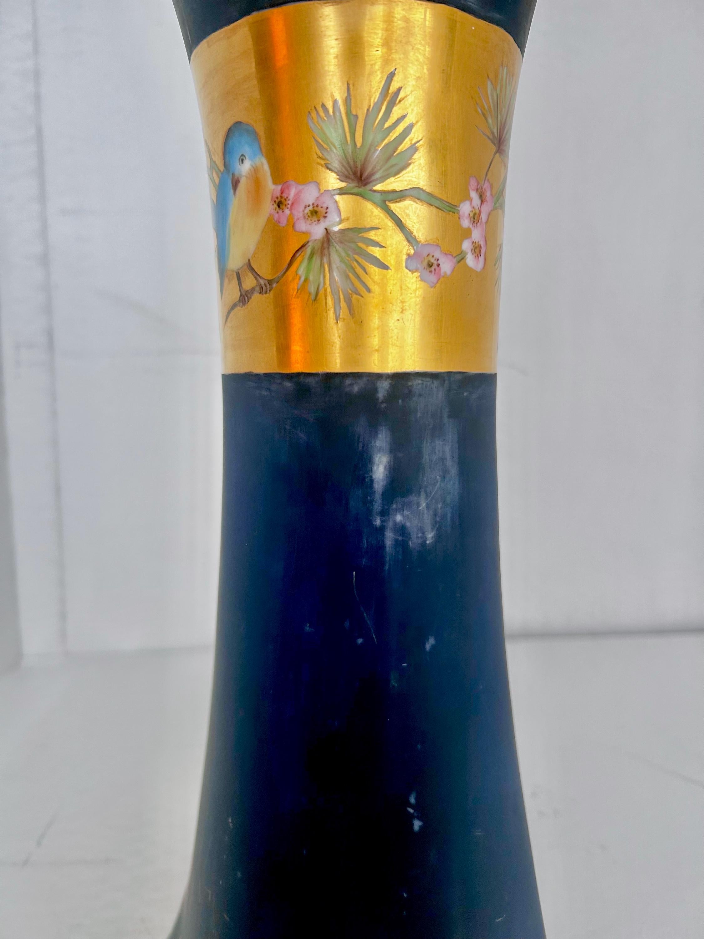 Heinrich & Co Selb Antique Vase with Bluebirds, Large Dark Blue